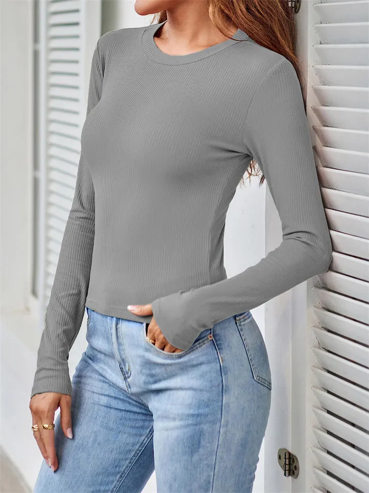 Female Autumn Slim Fit Crew Neck Pullover Shirt