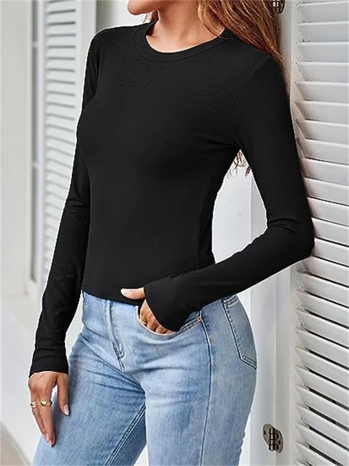 Female Autumn Slim Fit Crew Neck Pullover Shirt