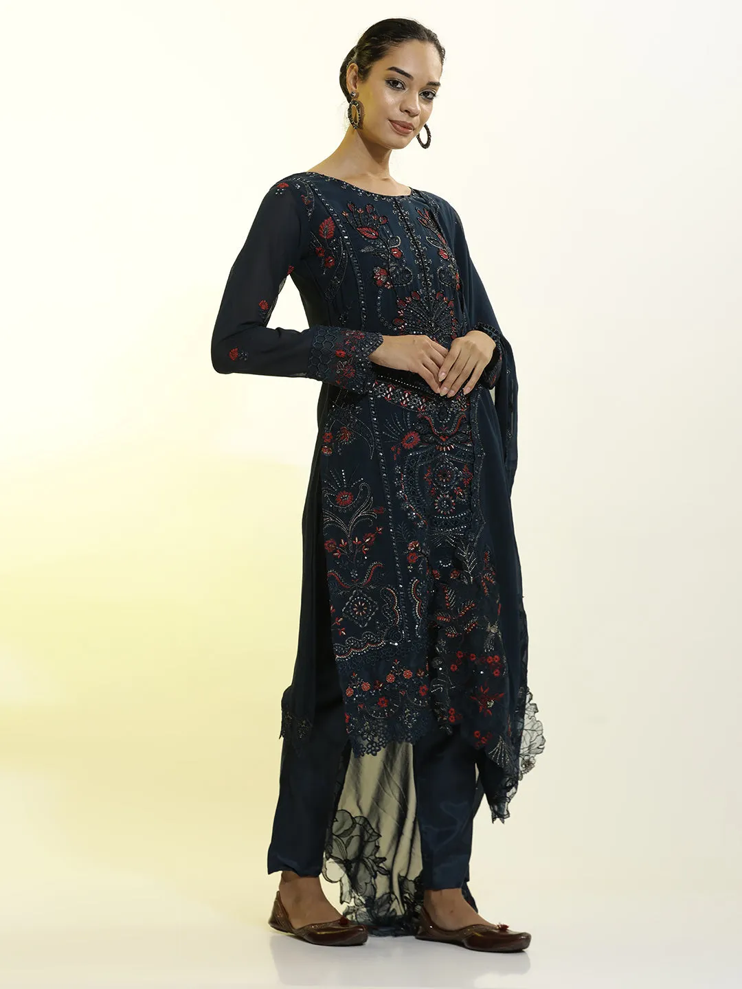 Festive Embroidered Georgette Kurta Set With Dupatta