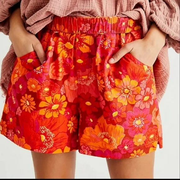 Free People Palo Duro Shorts High Rise Relaxed Fit Retro Neon Floral Cotton Sm