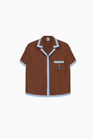 Garrick Embroidered Linen Short Sleeved Shirt in Brown