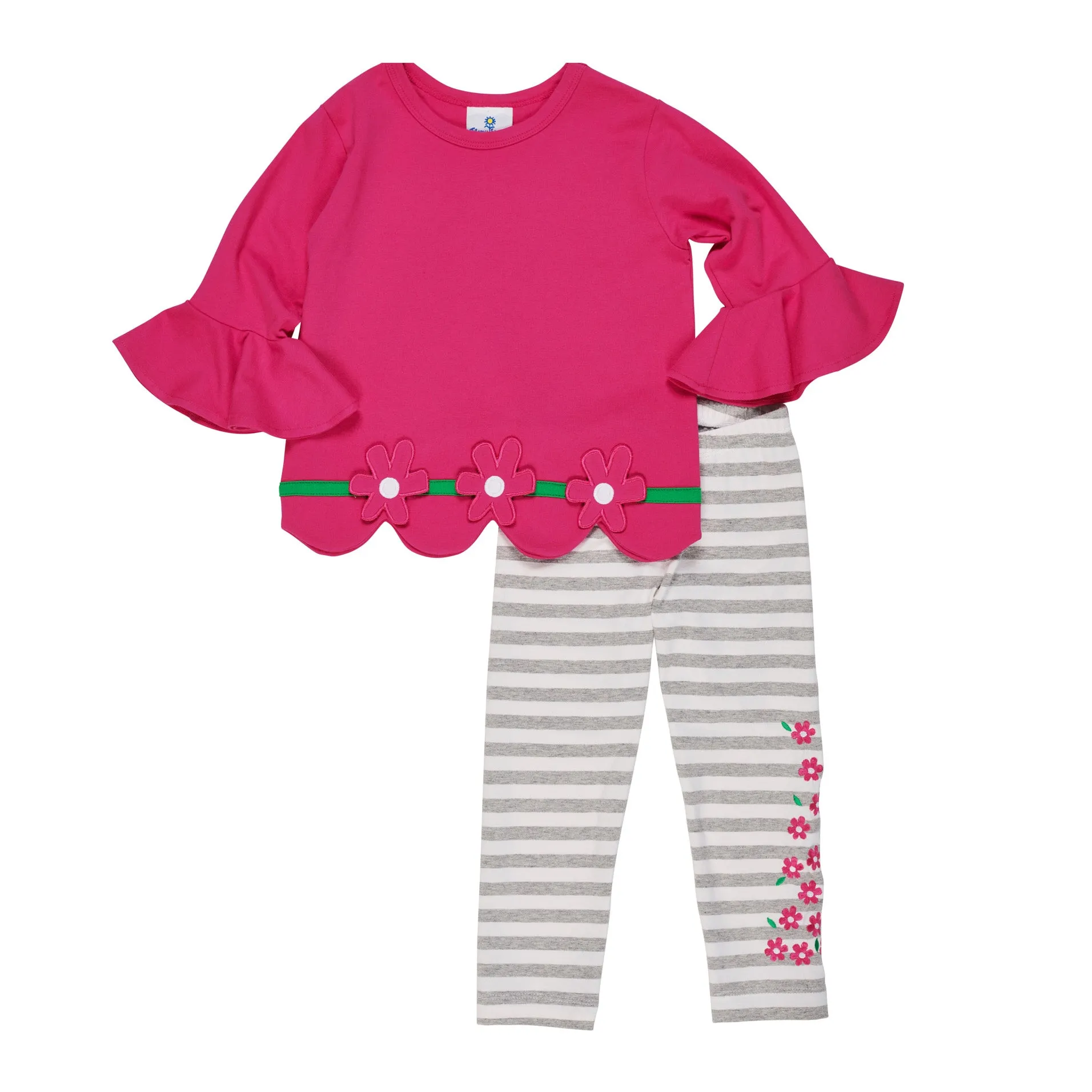 Girls Heather Grey Stripe Leggings with Embroidered Flowers