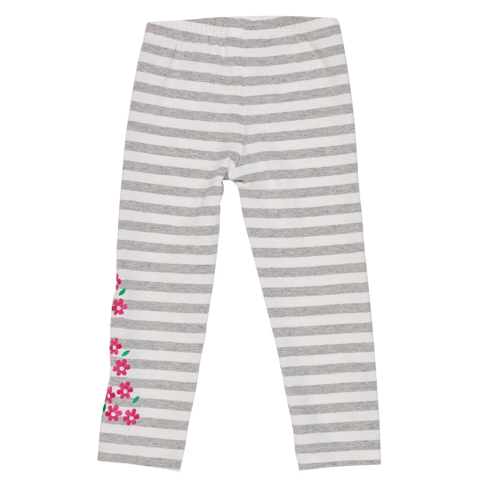 Girls Heather Grey Stripe Leggings with Embroidered Flowers