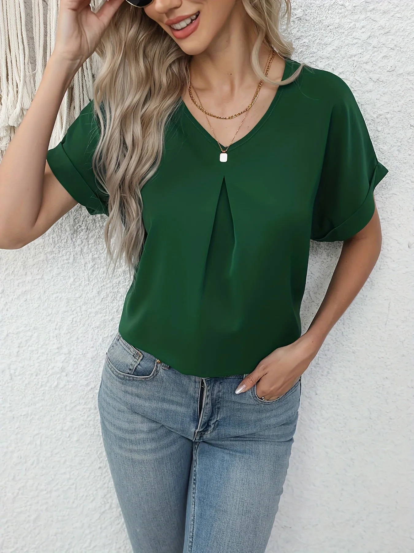 Green Folded Sleeves Relaxed Blouse