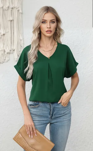 Green Folded Sleeves Relaxed Blouse