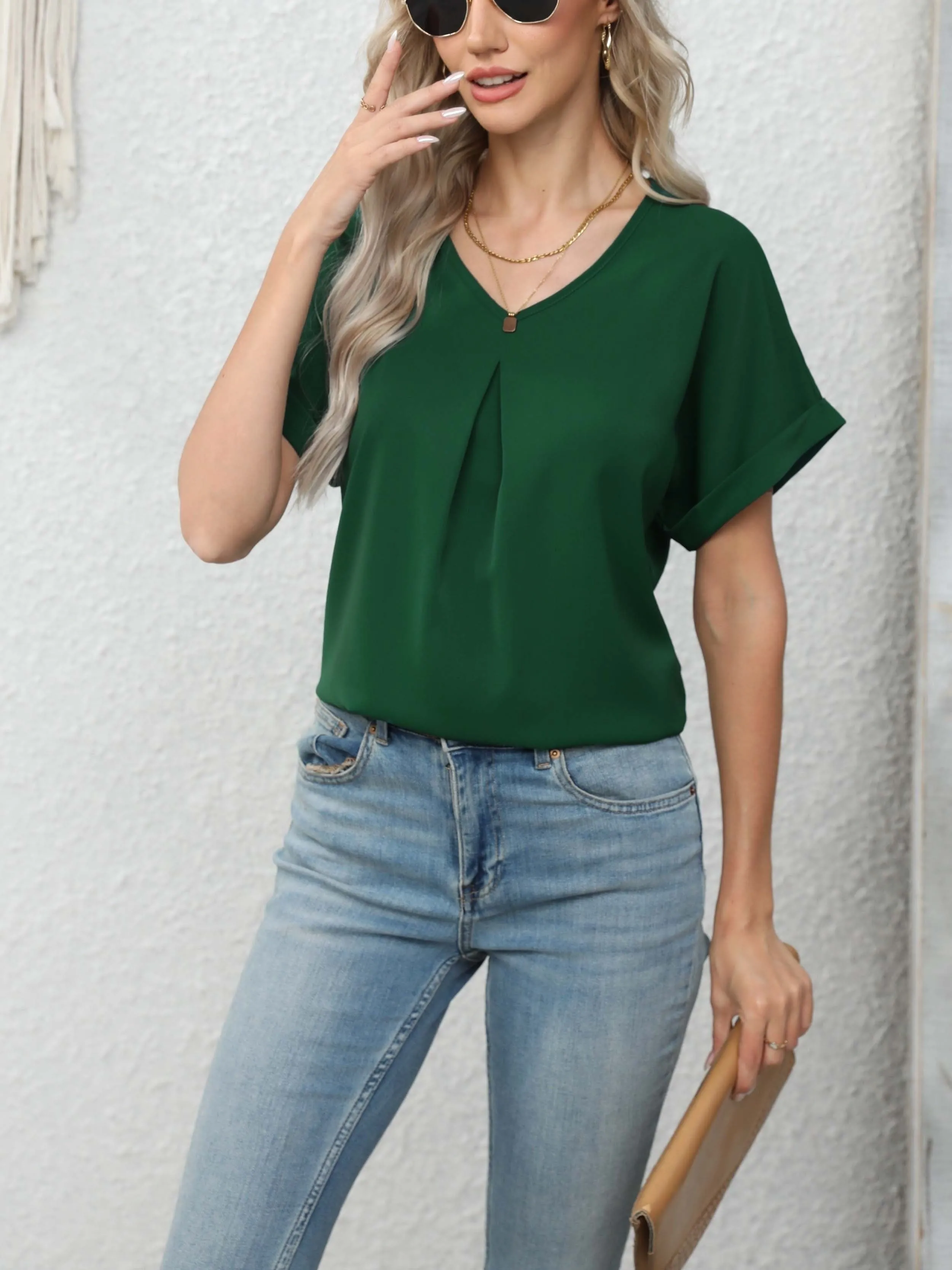 Green Folded Sleeves Relaxed Blouse