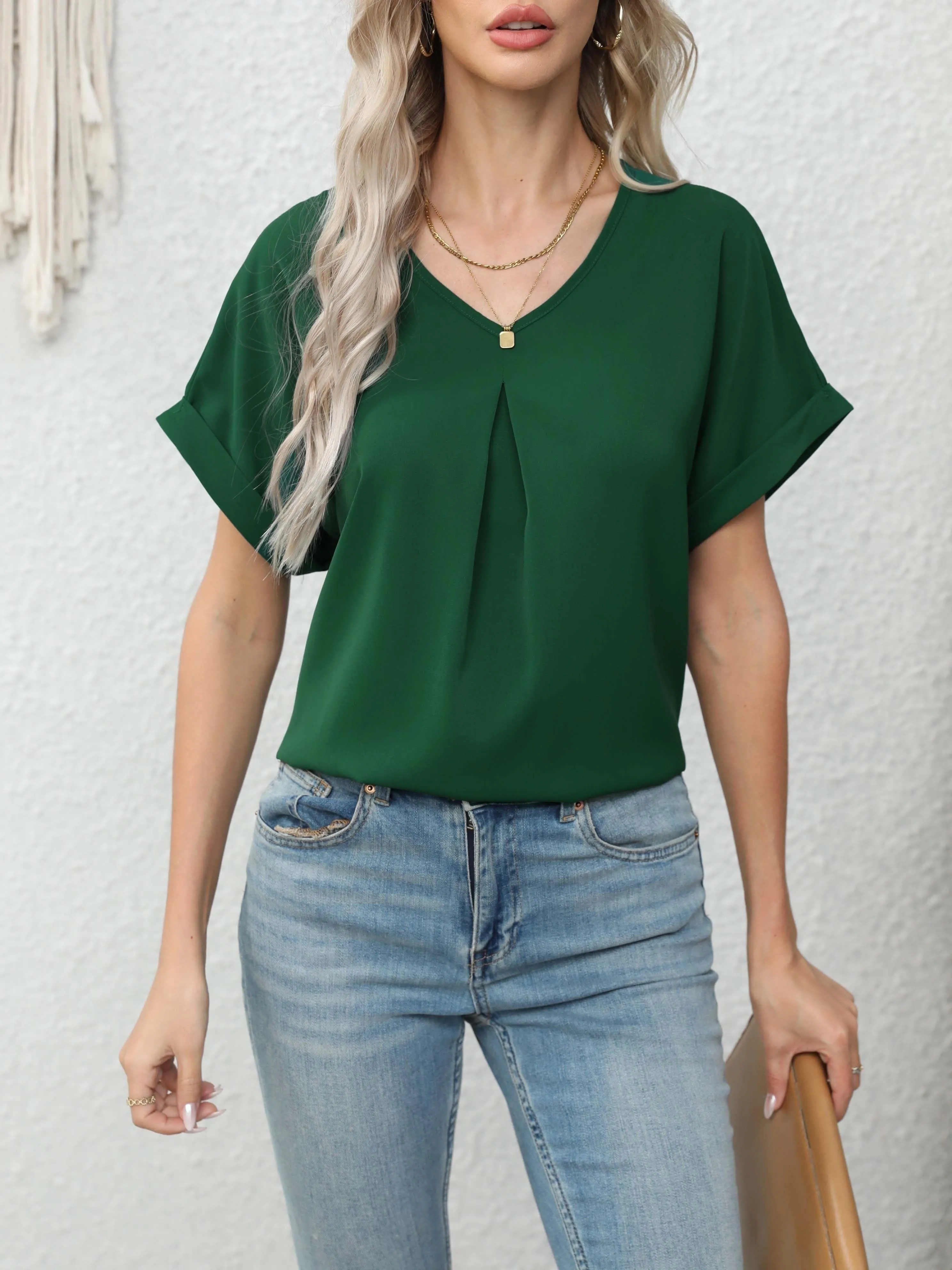 Green Folded Sleeves Relaxed Blouse