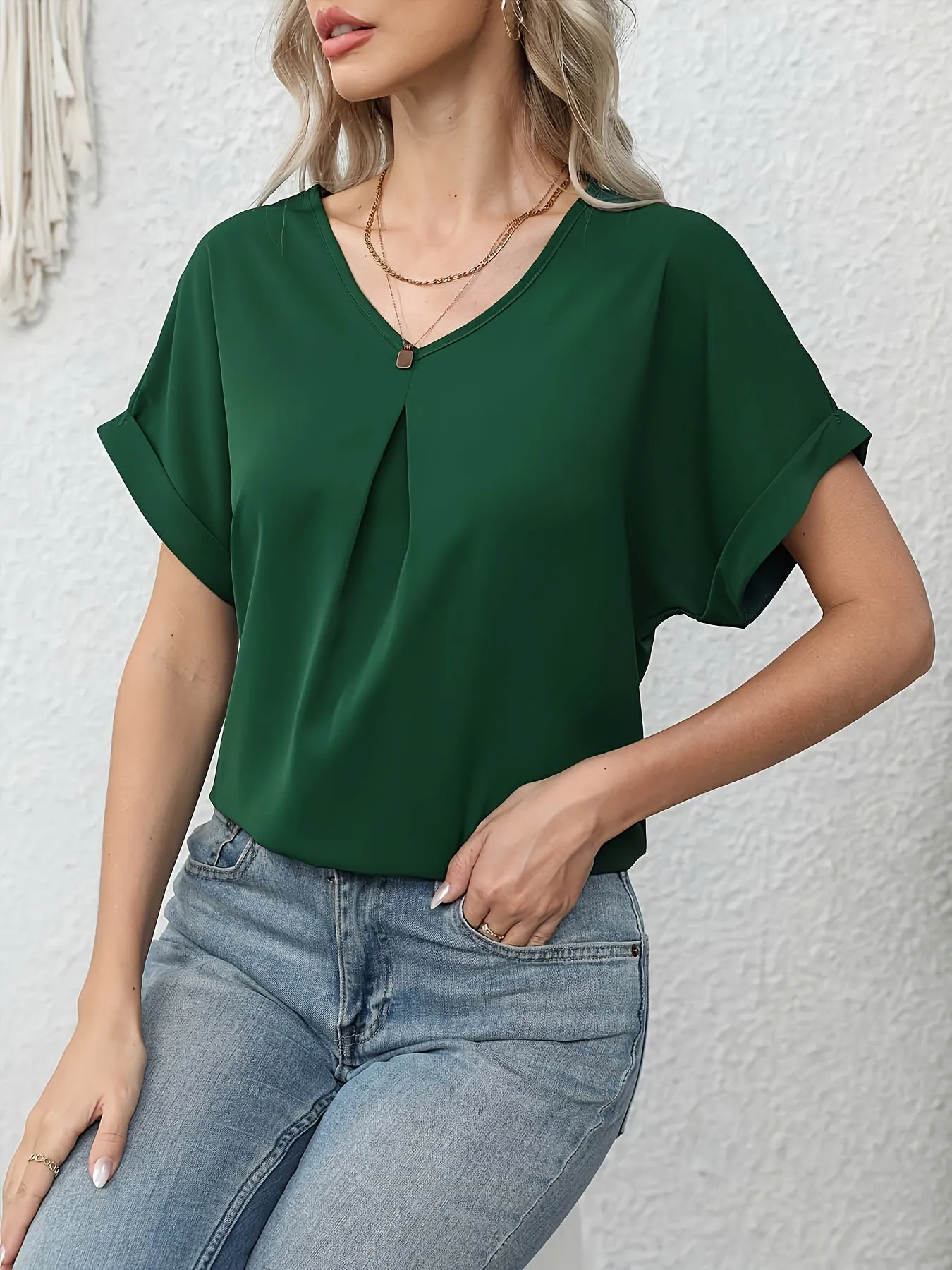 Green Folded Sleeves Relaxed Blouse