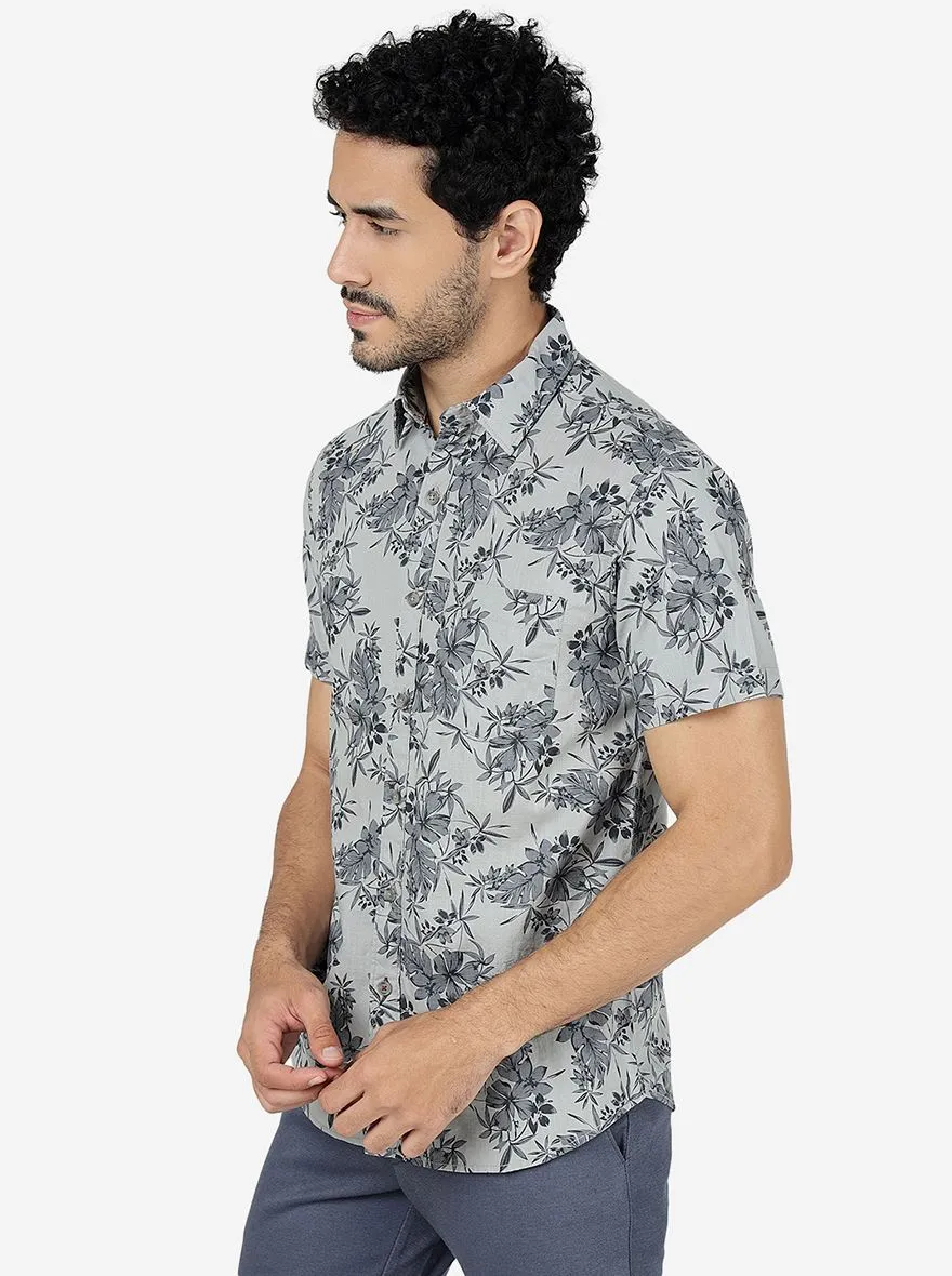 Grey Printed Slim Fit Casual Shirt | Greenfibre