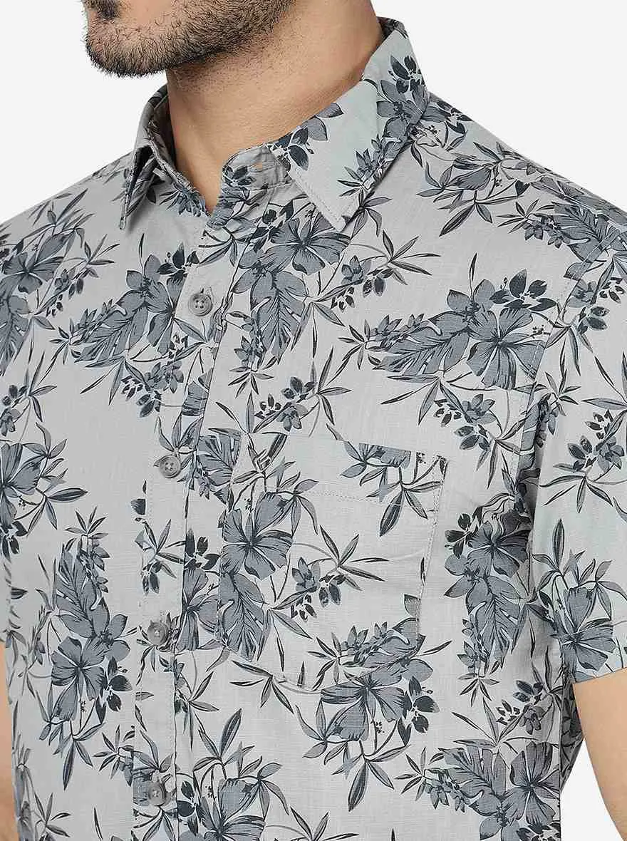 Grey Printed Slim Fit Casual Shirt | Greenfibre
