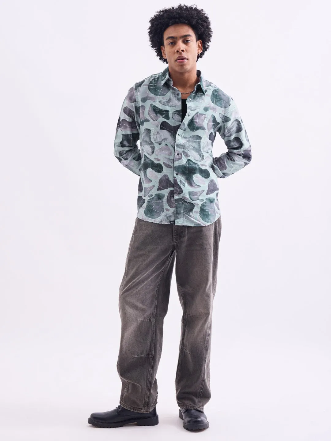 Grey Printed Slim Fit Shirt