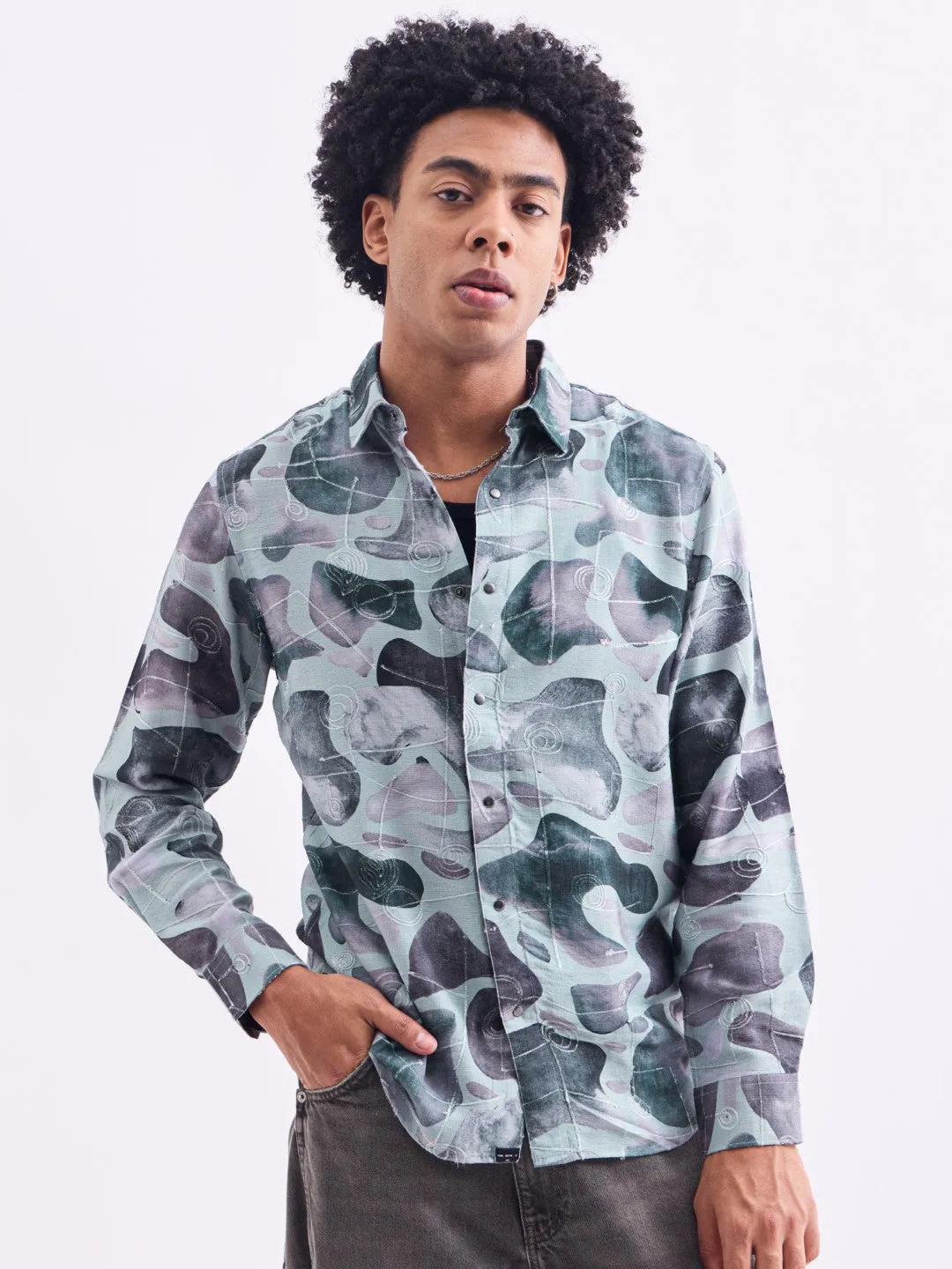 Grey Printed Slim Fit Shirt