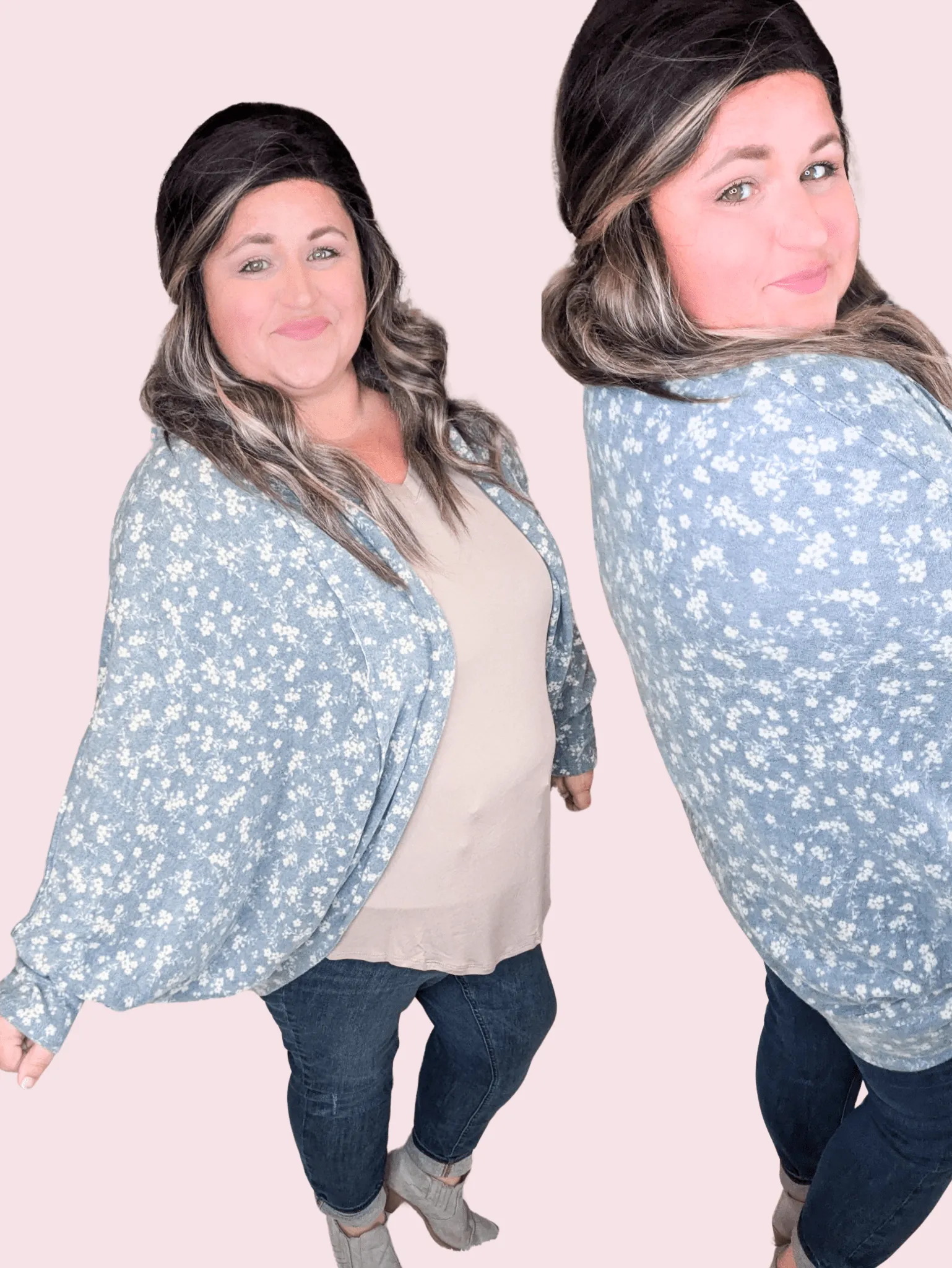 Hannah Ditsy Floral Cocoon Cardi in Dusty Blue