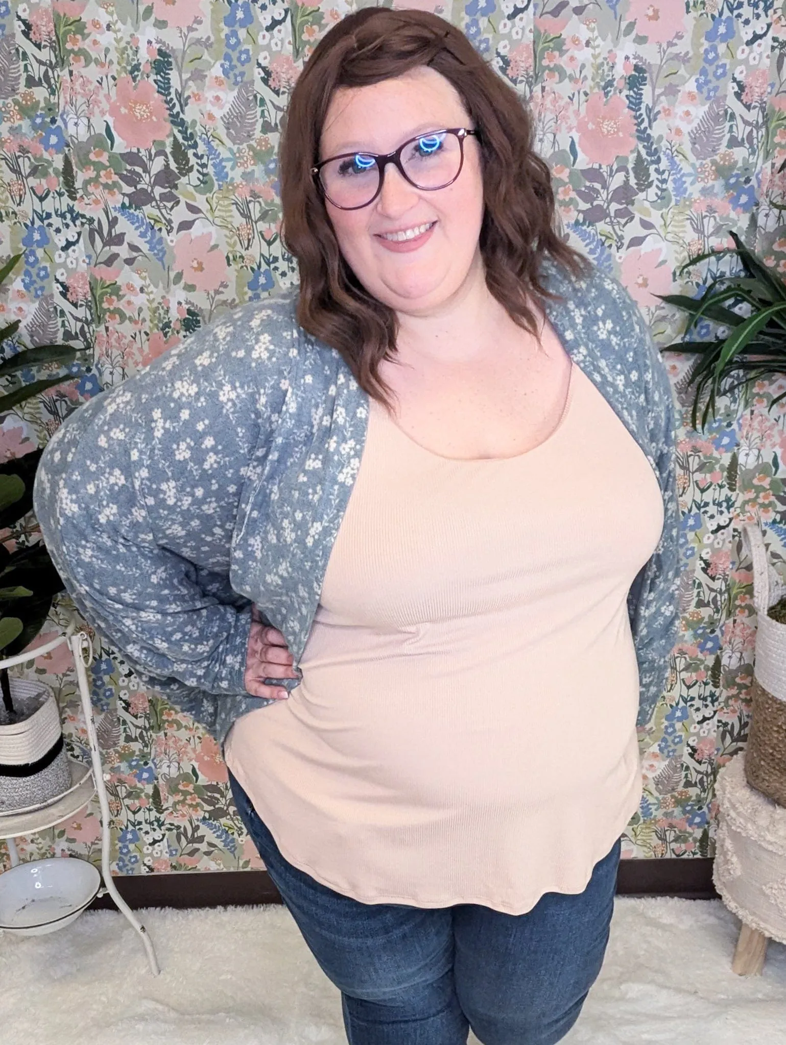 Hannah Ditsy Floral Cocoon Cardi in Dusty Blue