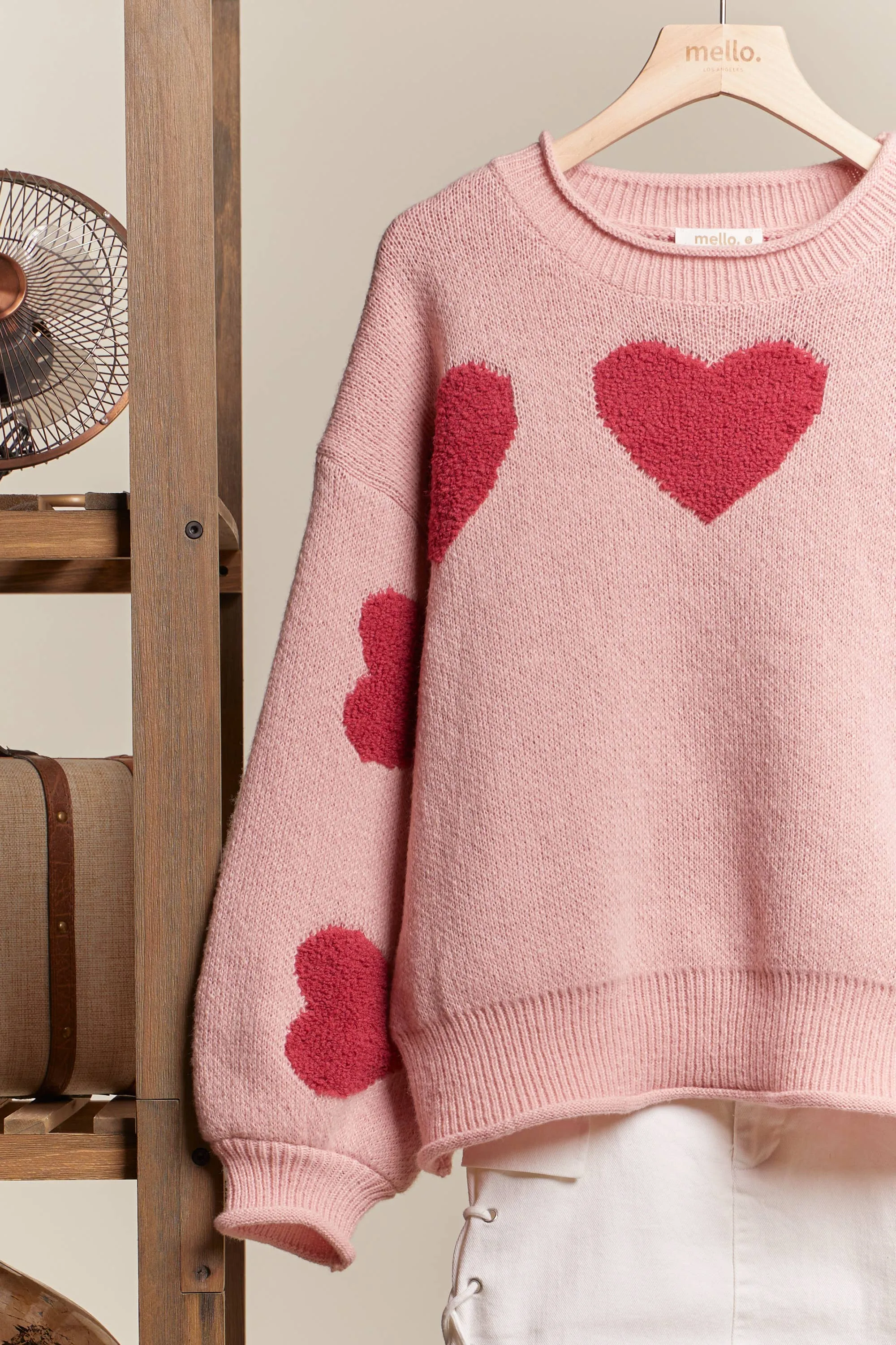 Heart Patched Loose Fit Mello Sweater: Pink