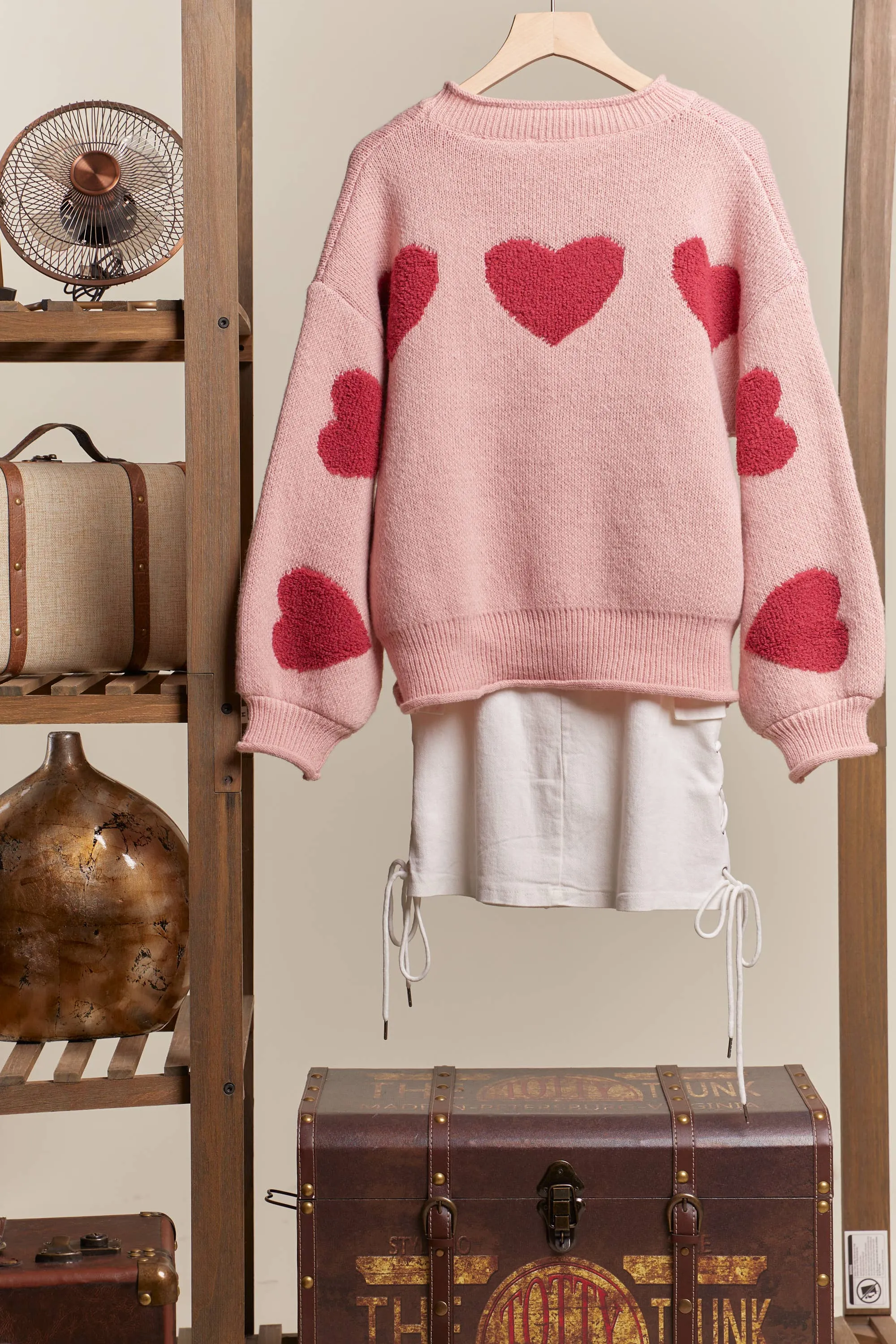 Heart Patched Loose Fit Mello Sweater: Pink