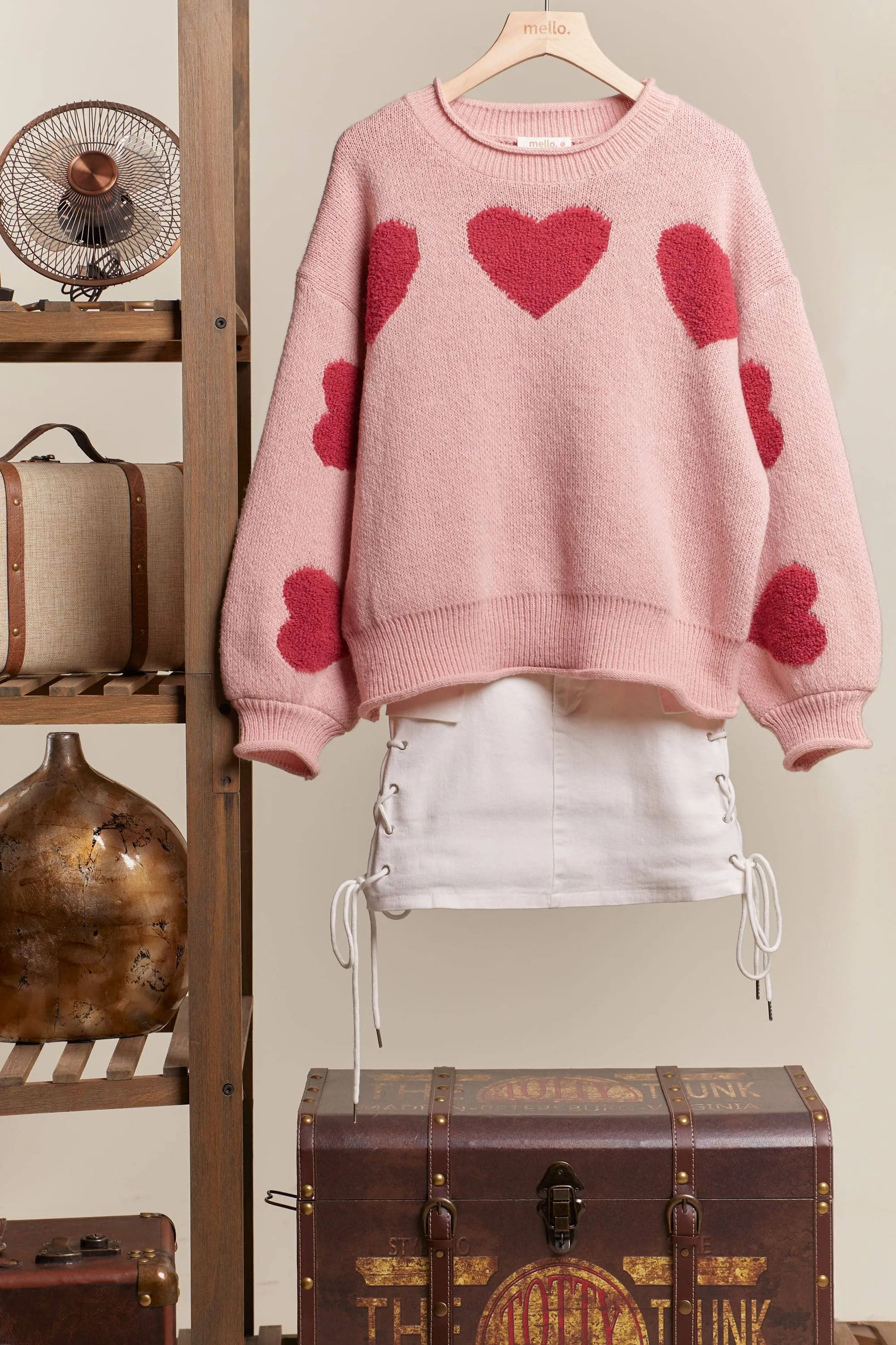 Heart Patched Loose Fit Mello Sweater: Pink