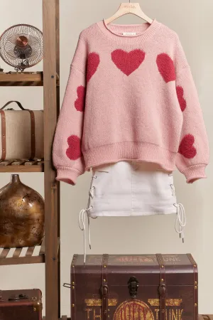 Heart Patched Loose Fit Mello Sweater: Pink