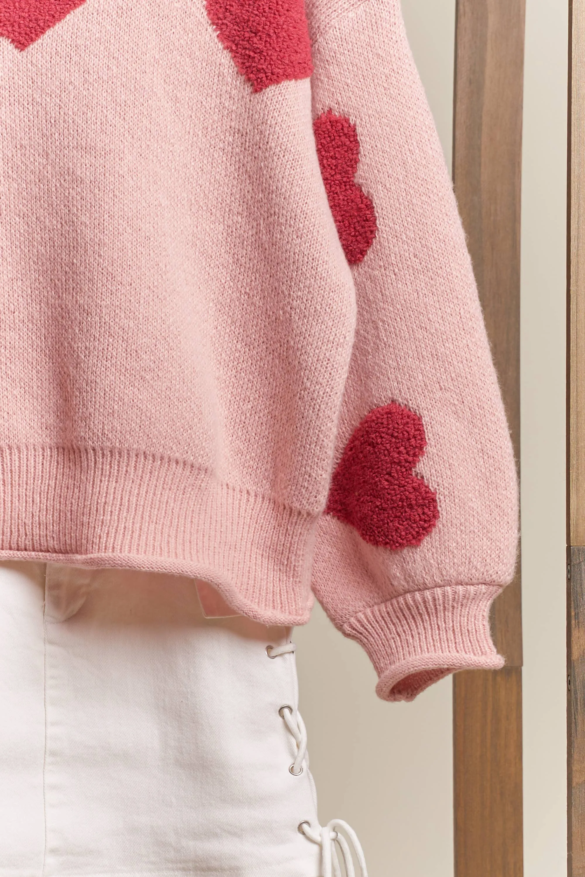 Heart Patched Loose Fit Mello Sweater: Pink