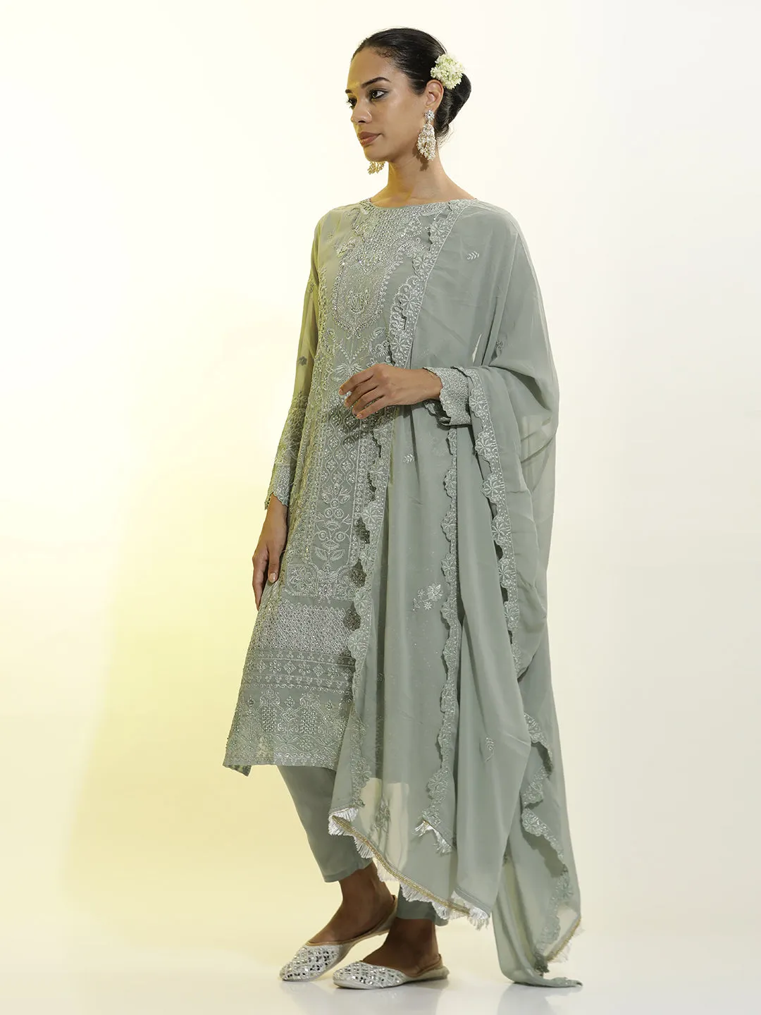 Heavy Embroidered Georgette Festive Kurta Set With Dupatta