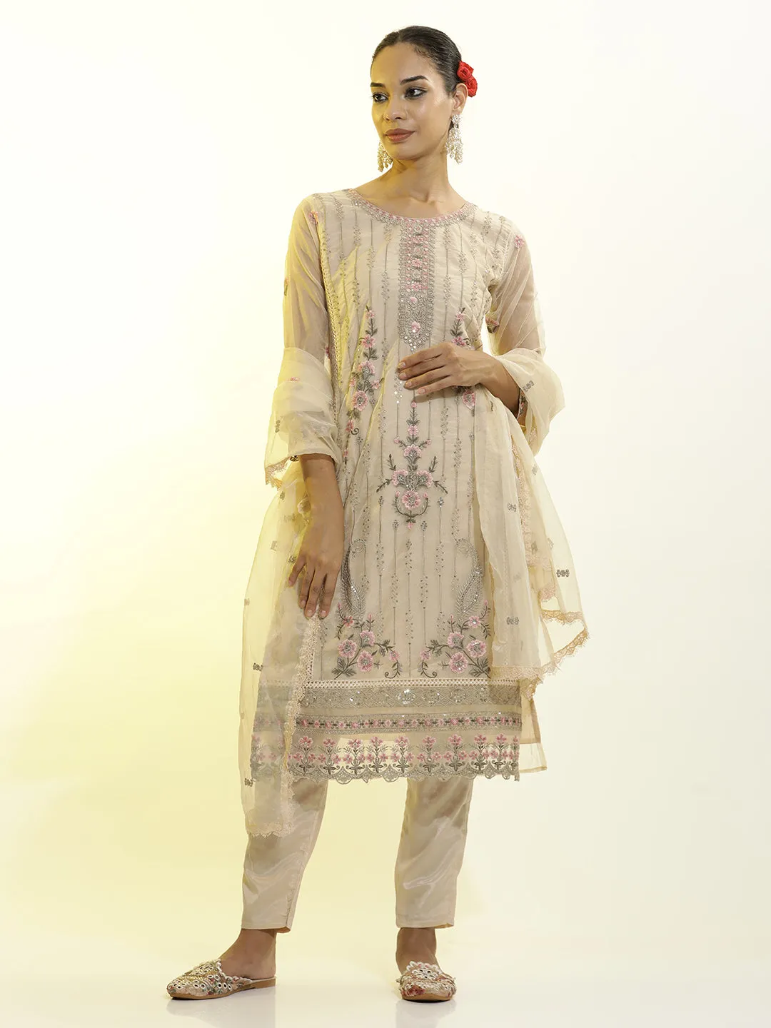Heavy Embroidered Organza Festive Kurta Set With Dupatta