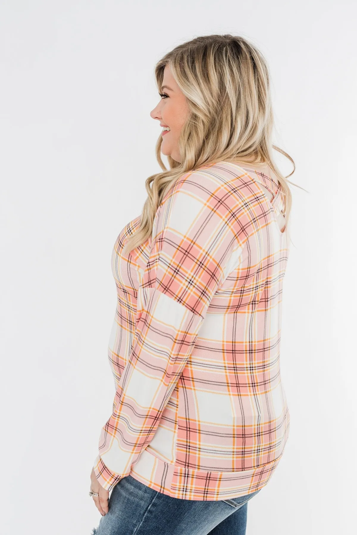 Hey Girl Plaid Criss Cross Top- Pink, Orange, & Ivory