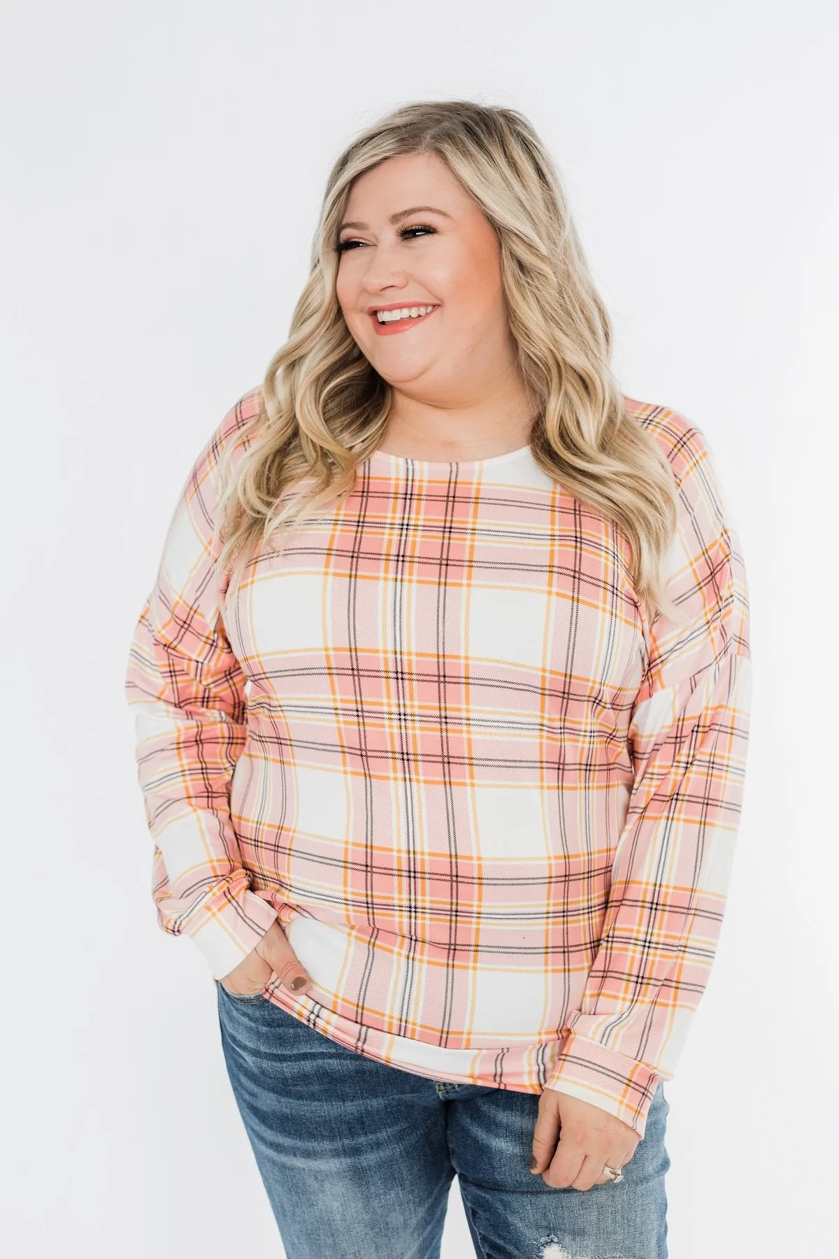 Hey Girl Plaid Criss Cross Top- Pink, Orange, & Ivory