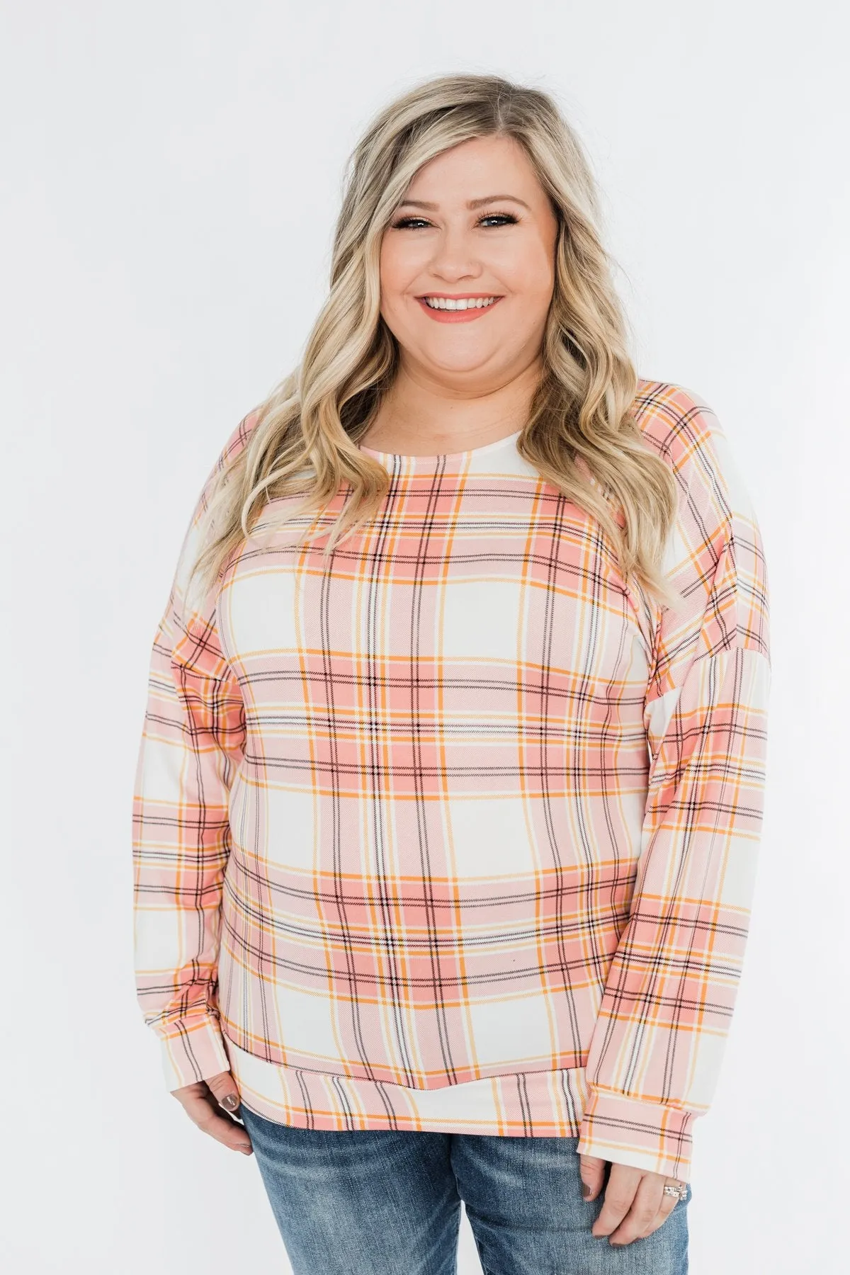 Hey Girl Plaid Criss Cross Top- Pink, Orange, & Ivory