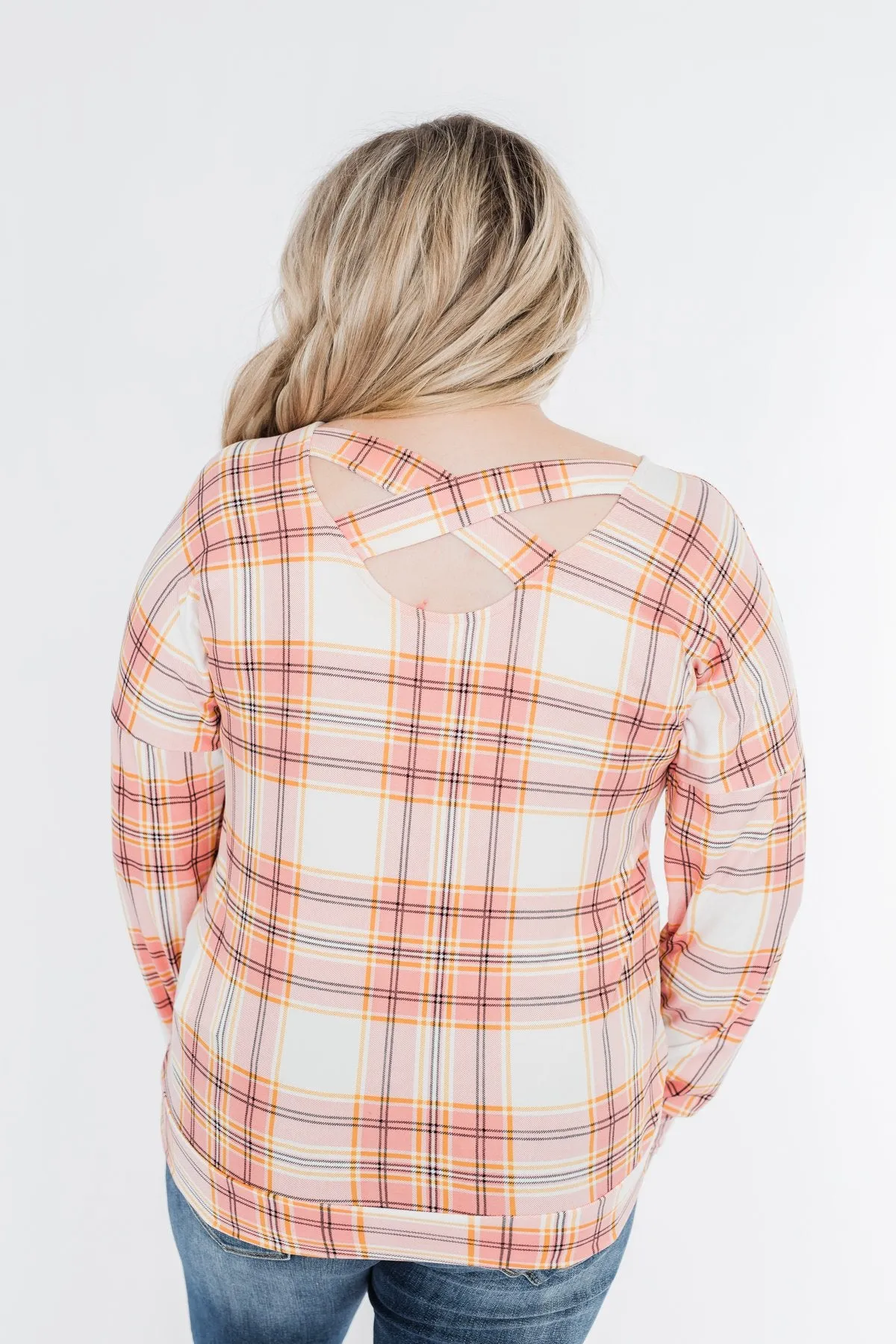 Hey Girl Plaid Criss Cross Top- Pink, Orange, & Ivory