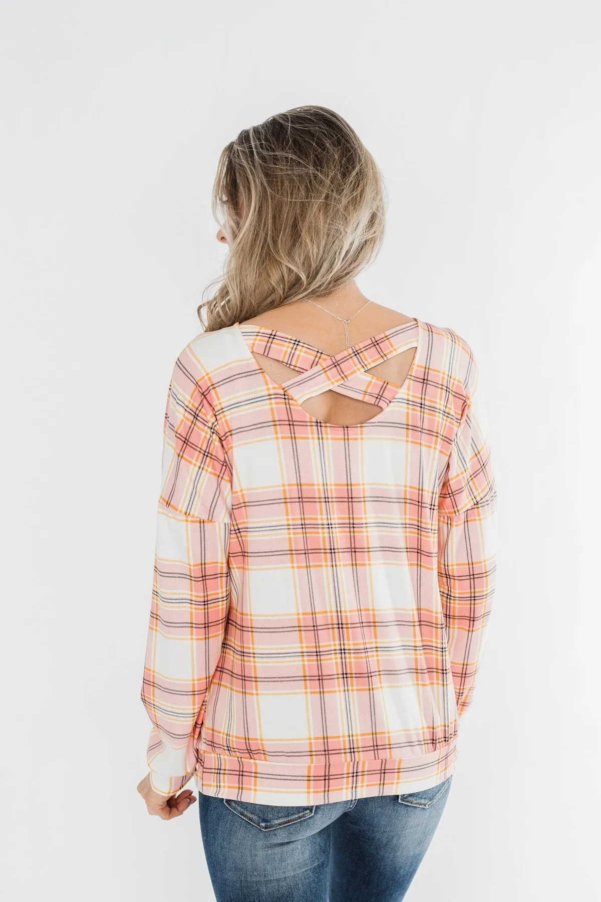 Hey Girl Plaid Criss Cross Top- Pink, Orange, & Ivory