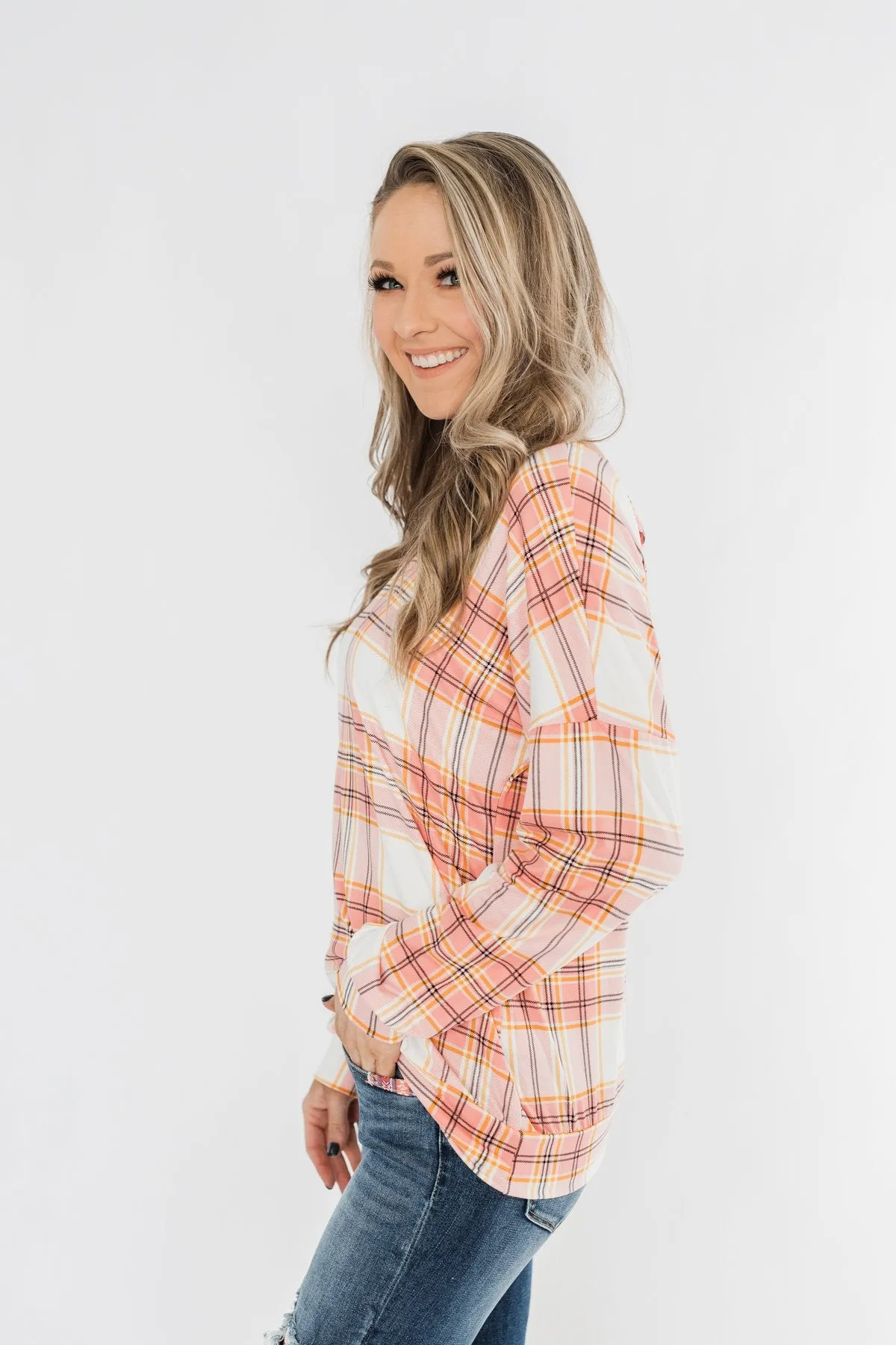 Hey Girl Plaid Criss Cross Top- Pink, Orange, & Ivory