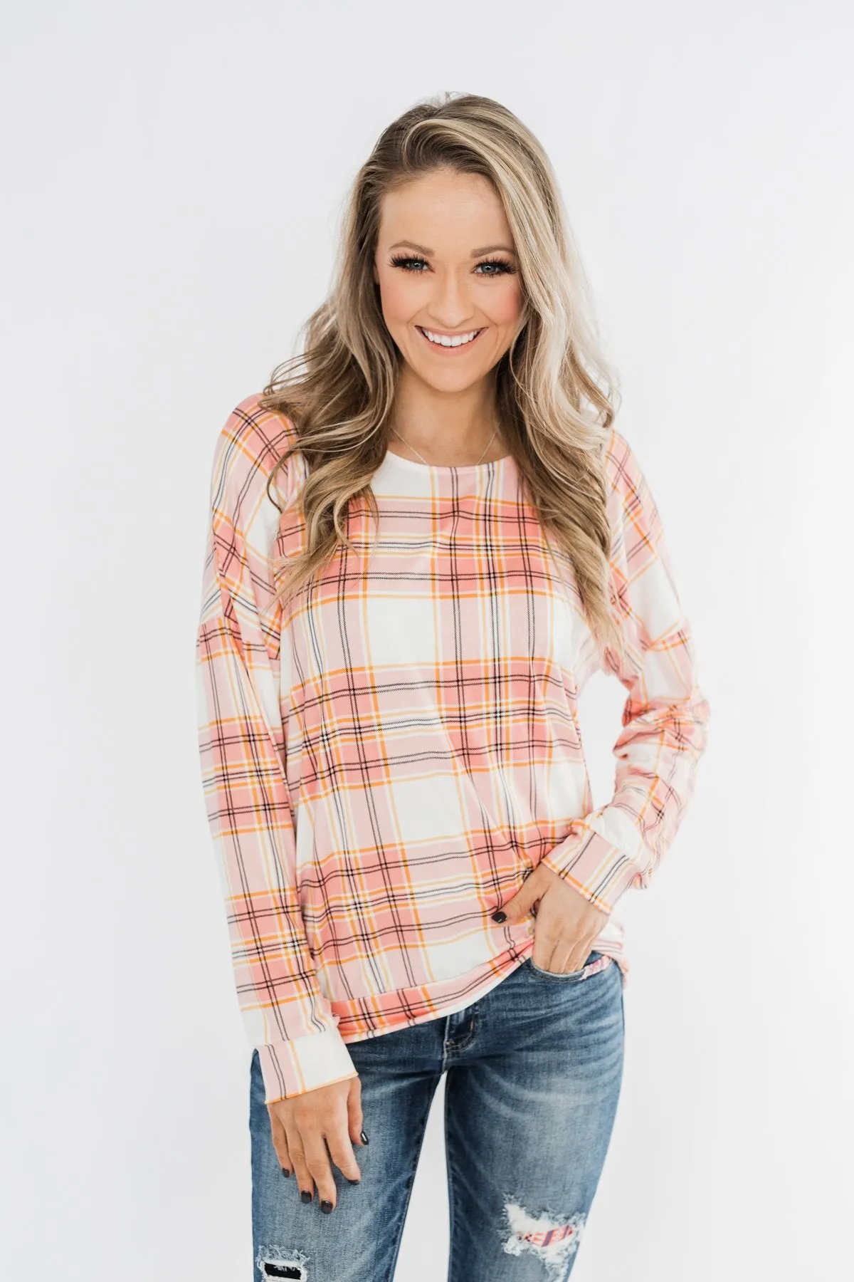 Hey Girl Plaid Criss Cross Top- Pink, Orange, & Ivory