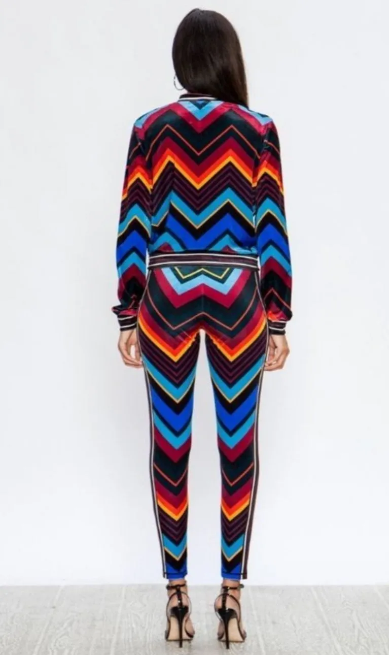 Jai Jai Velvet Black Red Multi Color Stripe Stretch Fit Tracksuit