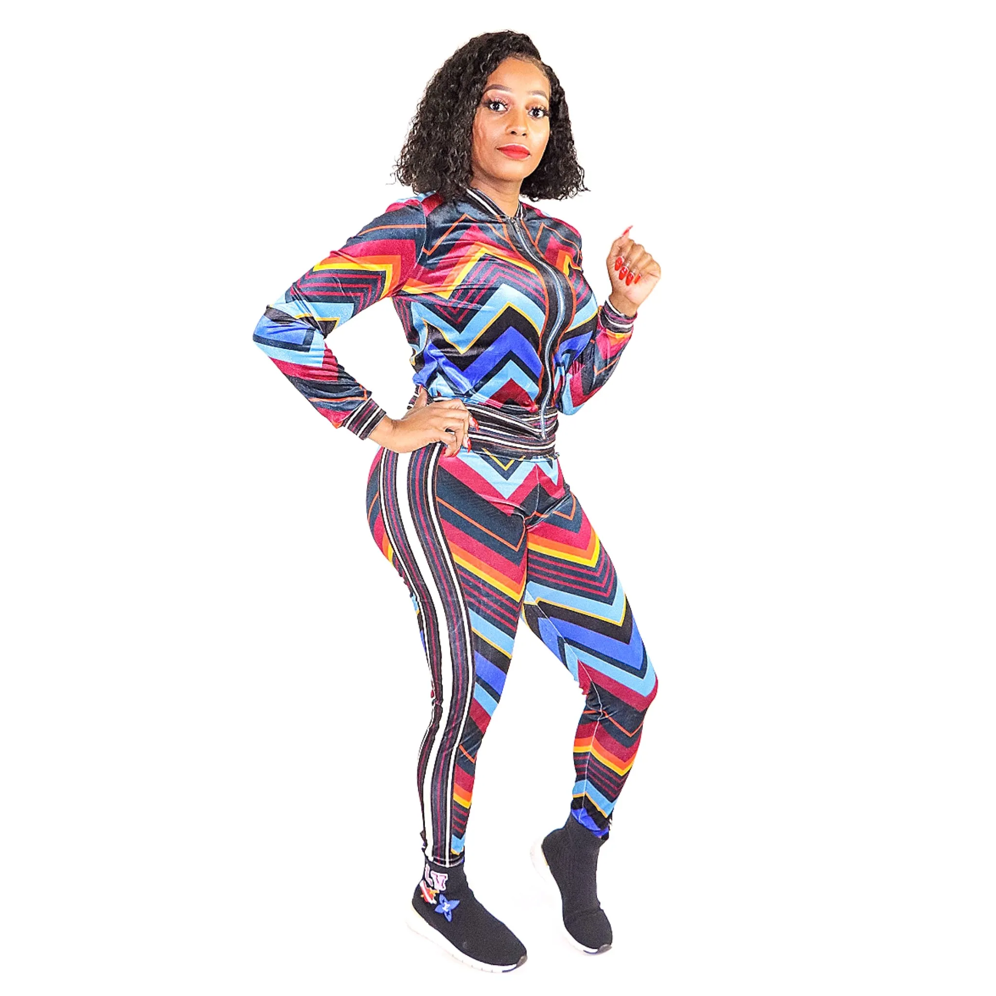 Jai Jai Velvet Black Red Multi Color Stripe Stretch Fit Tracksuit