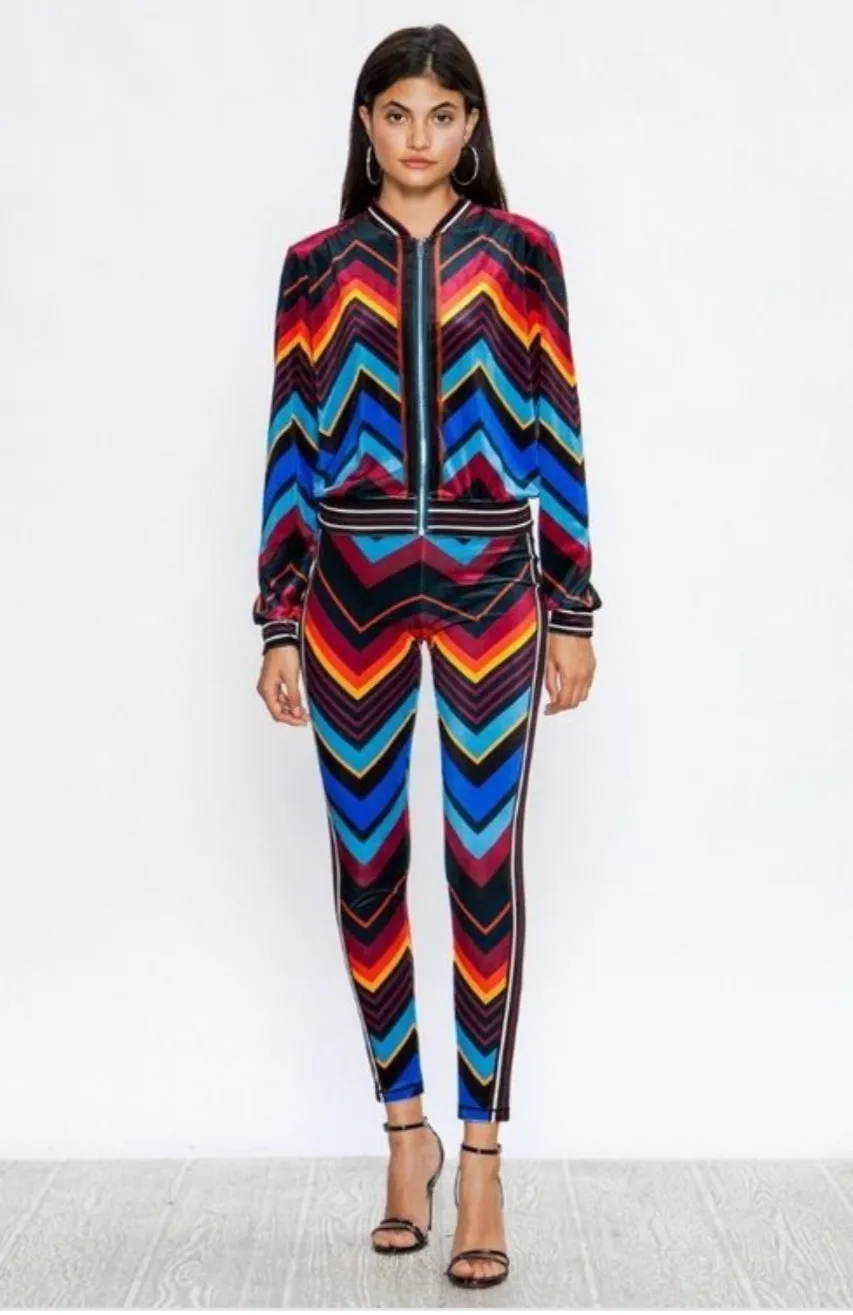 Jai Jai Velvet Black Red Multi Color Stripe Stretch Fit Tracksuit