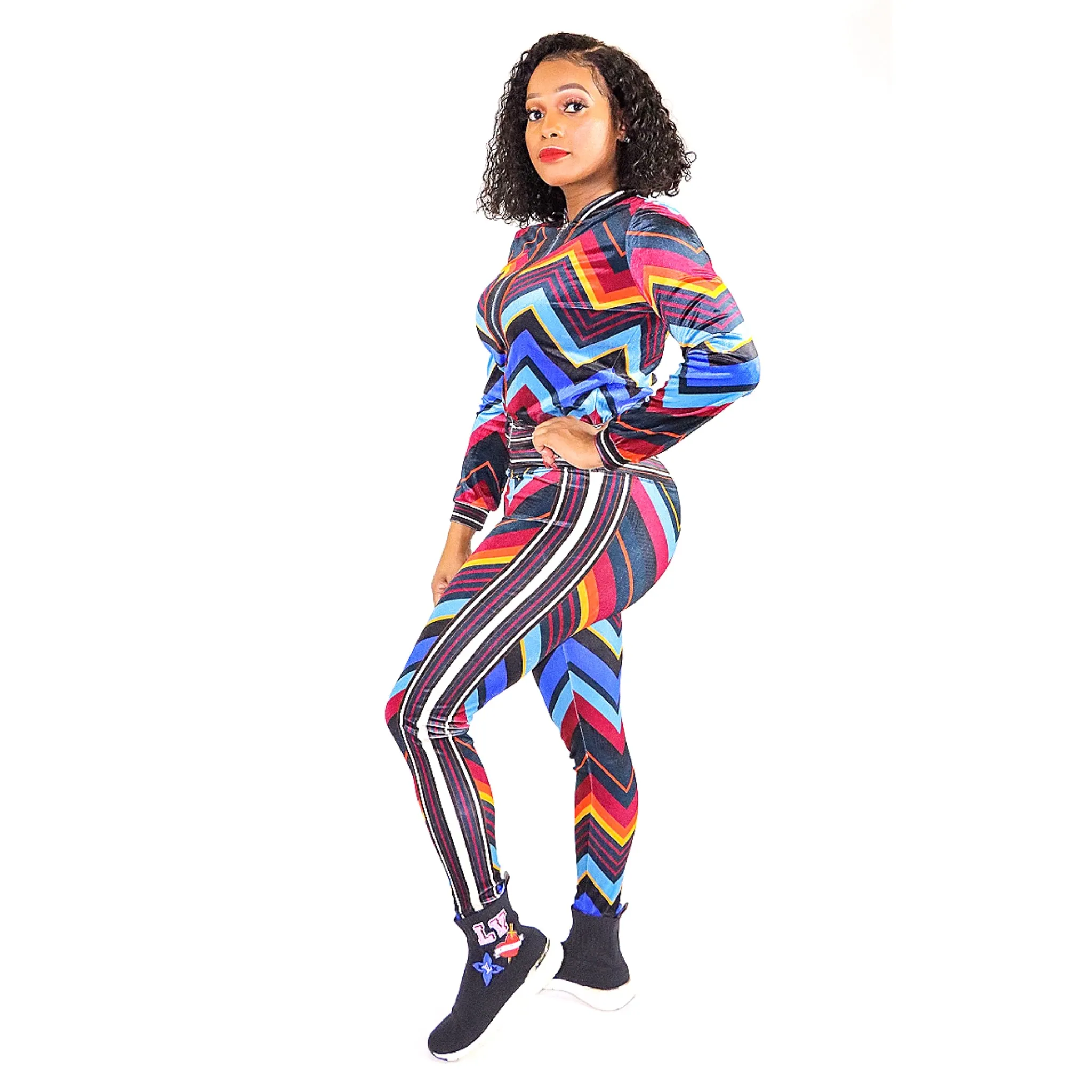 Jai Jai Velvet Black Red Multi Color Stripe Stretch Fit Tracksuit