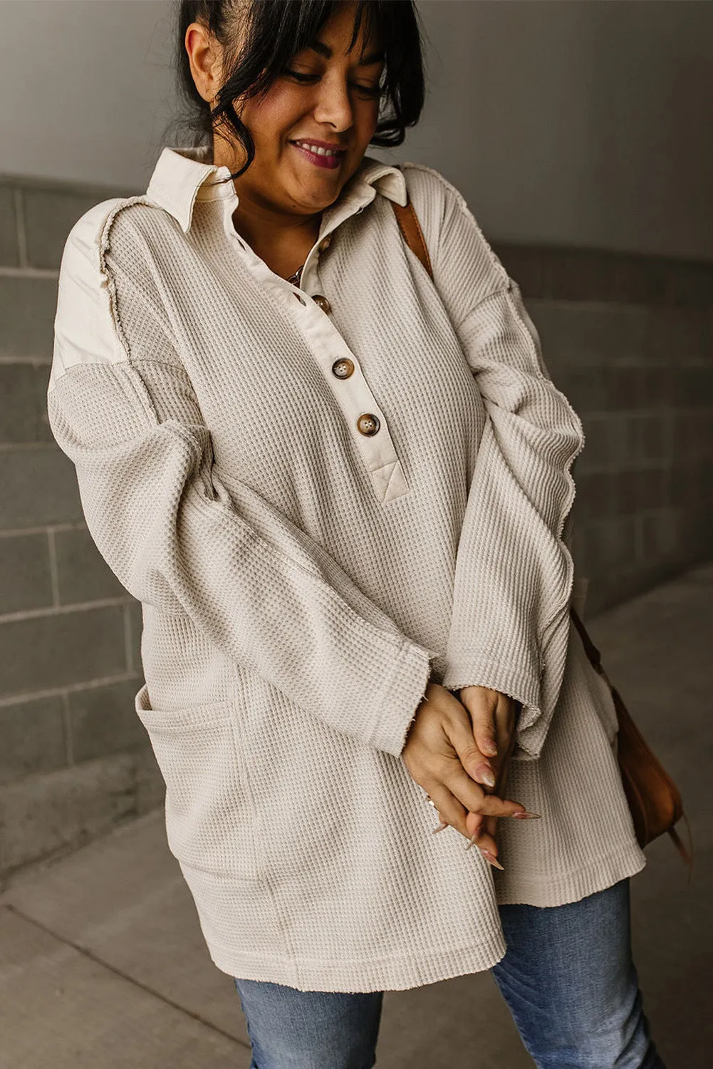 Jet Stream Waffle Long Sleeve Collar Half Button Loose Top