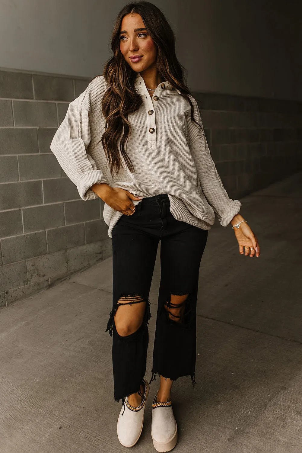 Jet Stream Waffle Long Sleeve Collar Half Button Loose Top