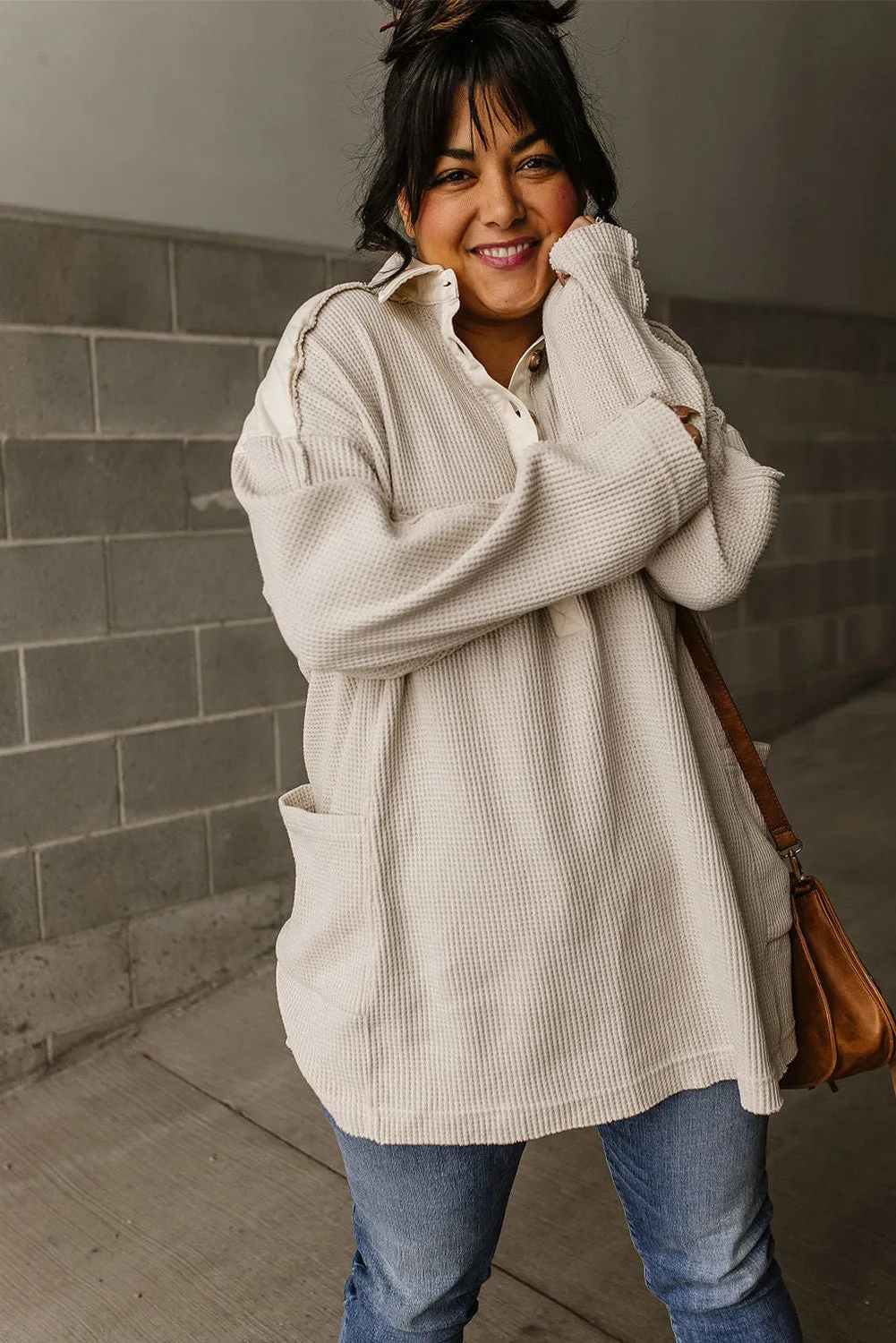 Jet Stream Waffle Long Sleeve Collar Half Button Loose Top