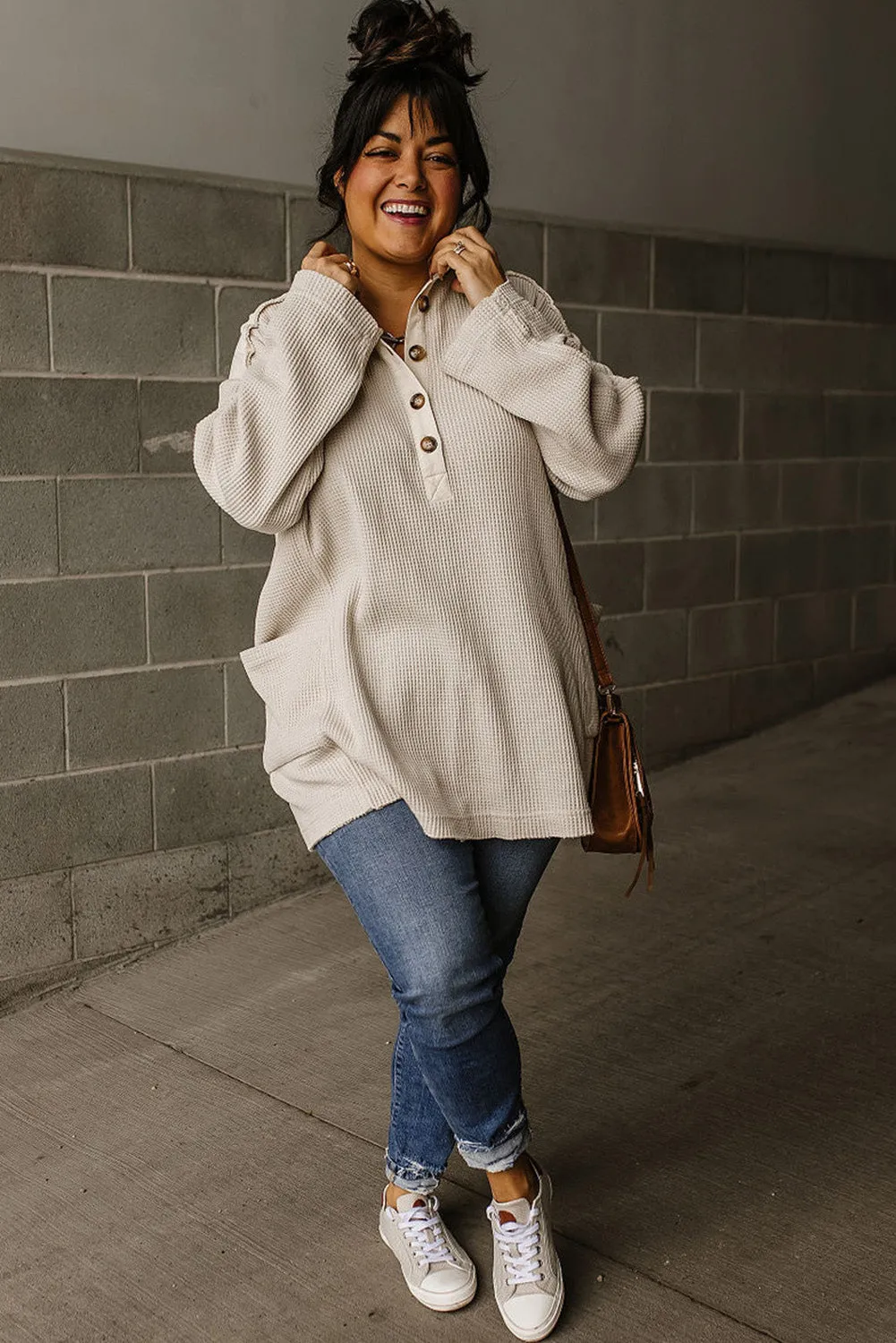 Jet Stream Waffle Long Sleeve Collar Half Button Loose Top