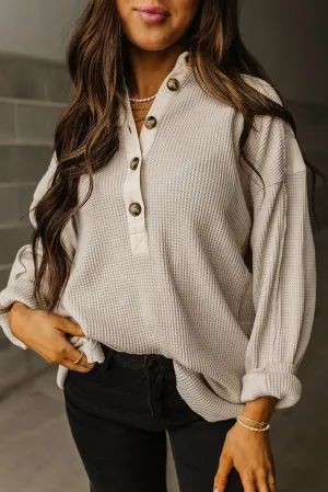 Jet Stream Waffle Long Sleeve Collar Half Button Loose Top