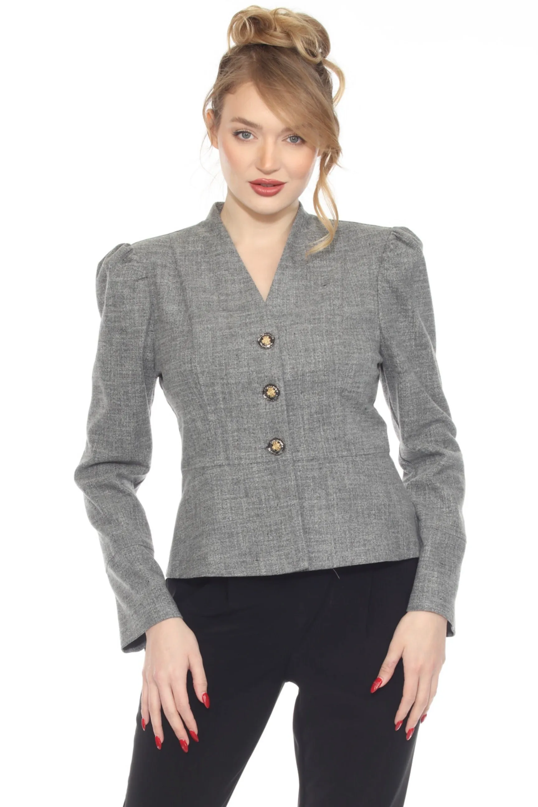 Joseph Ribkoff Grey Melange Puff Sleeve Peplum Jacket 244207