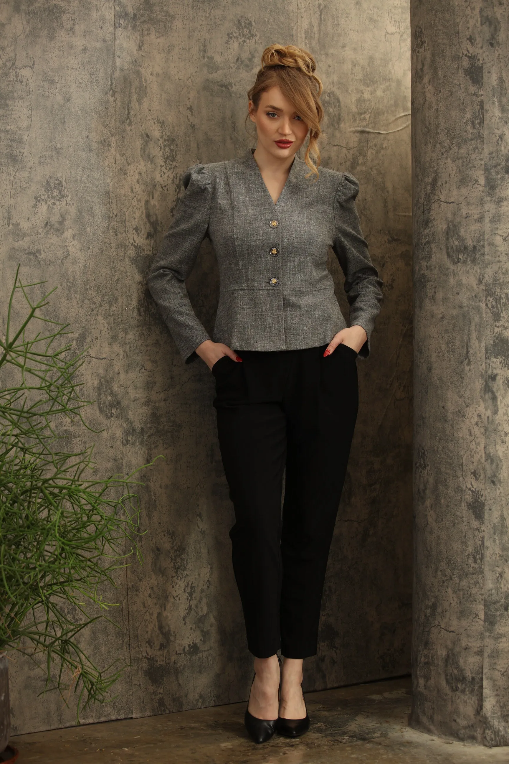Joseph Ribkoff Grey Melange Puff Sleeve Peplum Jacket 244207