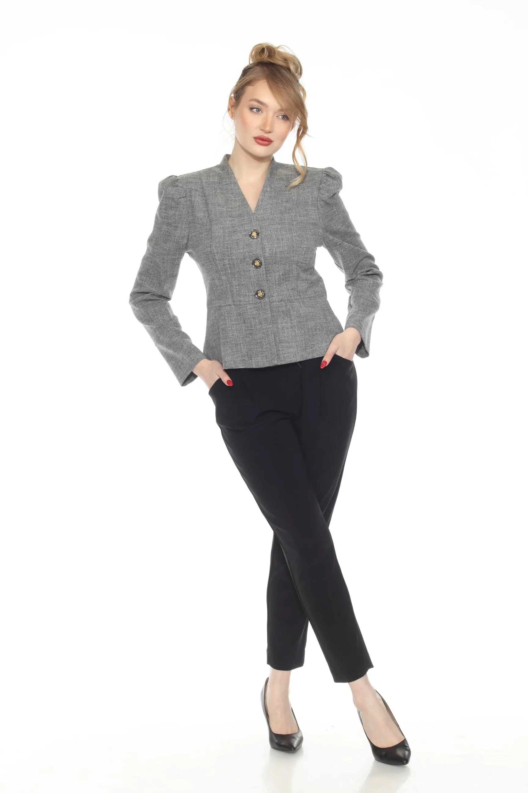 Joseph Ribkoff Grey Melange Puff Sleeve Peplum Jacket 244207