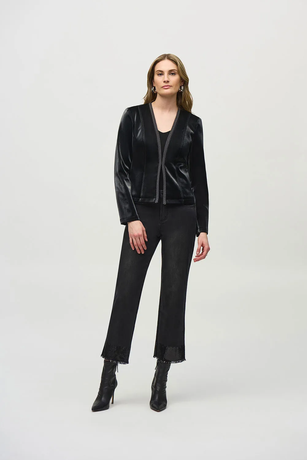 Joseph Ribkoff Leatherette Jacket with Rhinestone Trim Jr244905