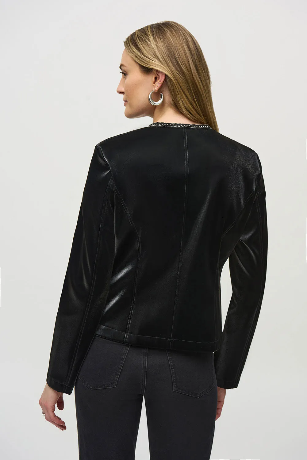 Joseph Ribkoff Leatherette Jacket with Rhinestone Trim Jr244905
