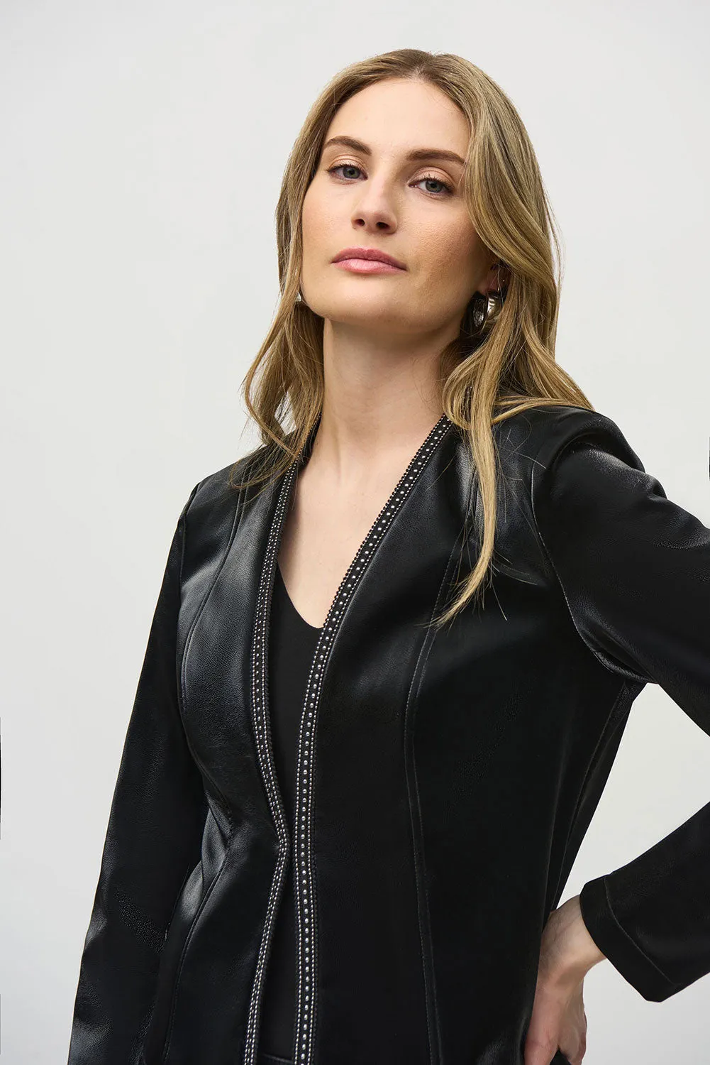 Joseph Ribkoff Leatherette Jacket with Rhinestone Trim Jr244905