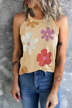Khaki Flower Print Loose Fit O Neck Tank Top
