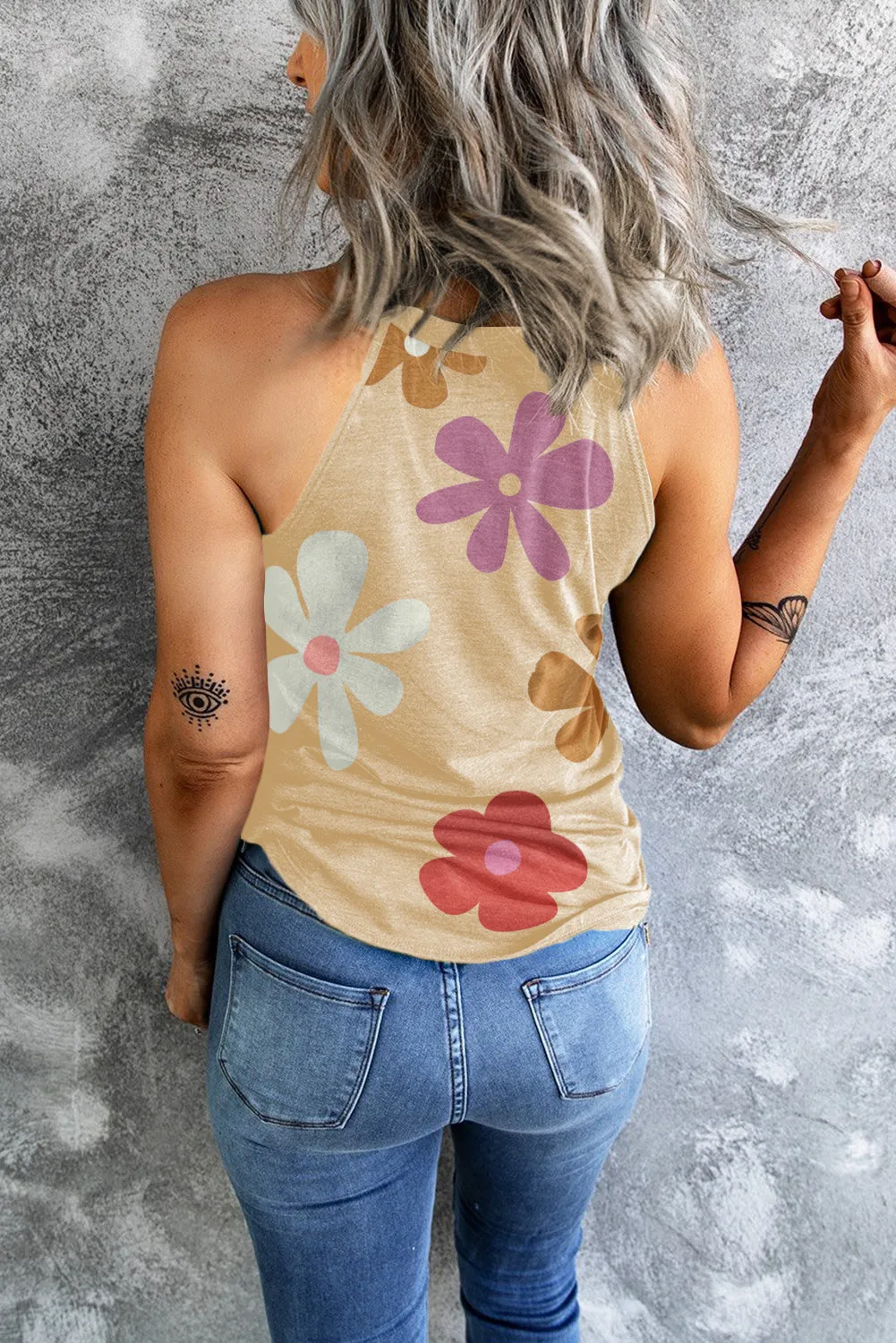 Khaki Flower Print Loose Fit O Neck Tank Top