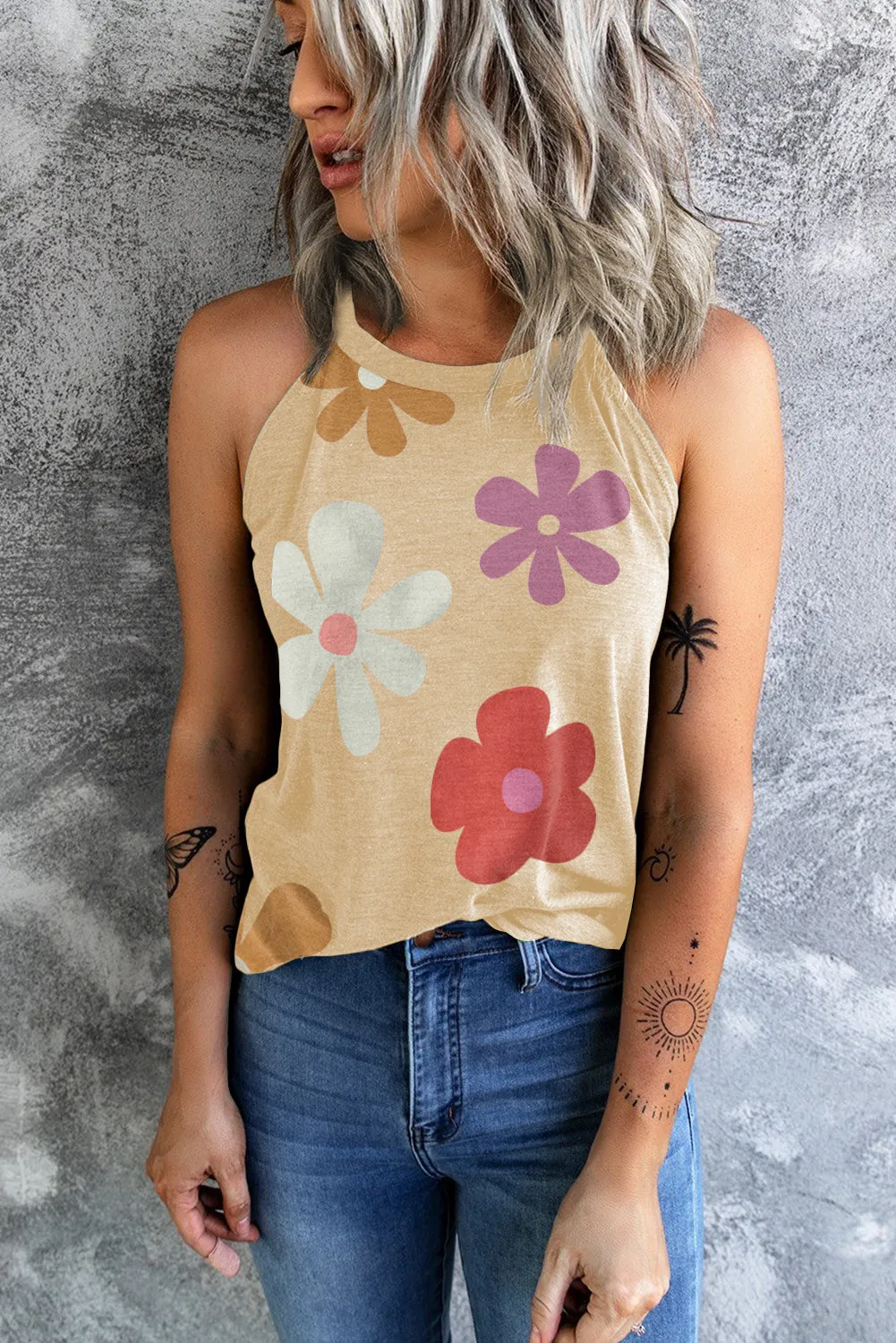 Khaki Flower Print Loose Fit O Neck Tank Top